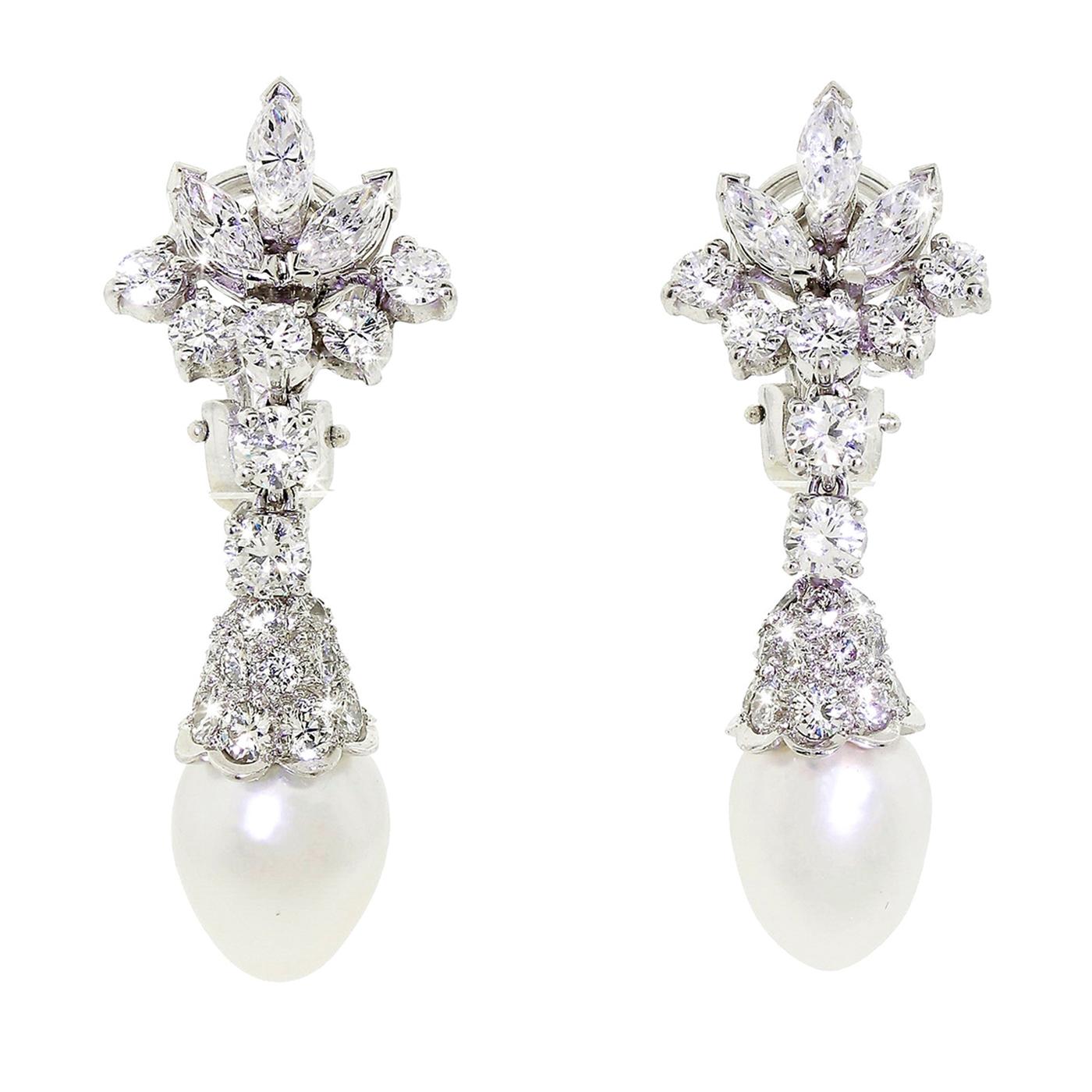 Spritzer & Fuhrmann Platinum Diamond White Gold South Sea Pearl Drop Earrings