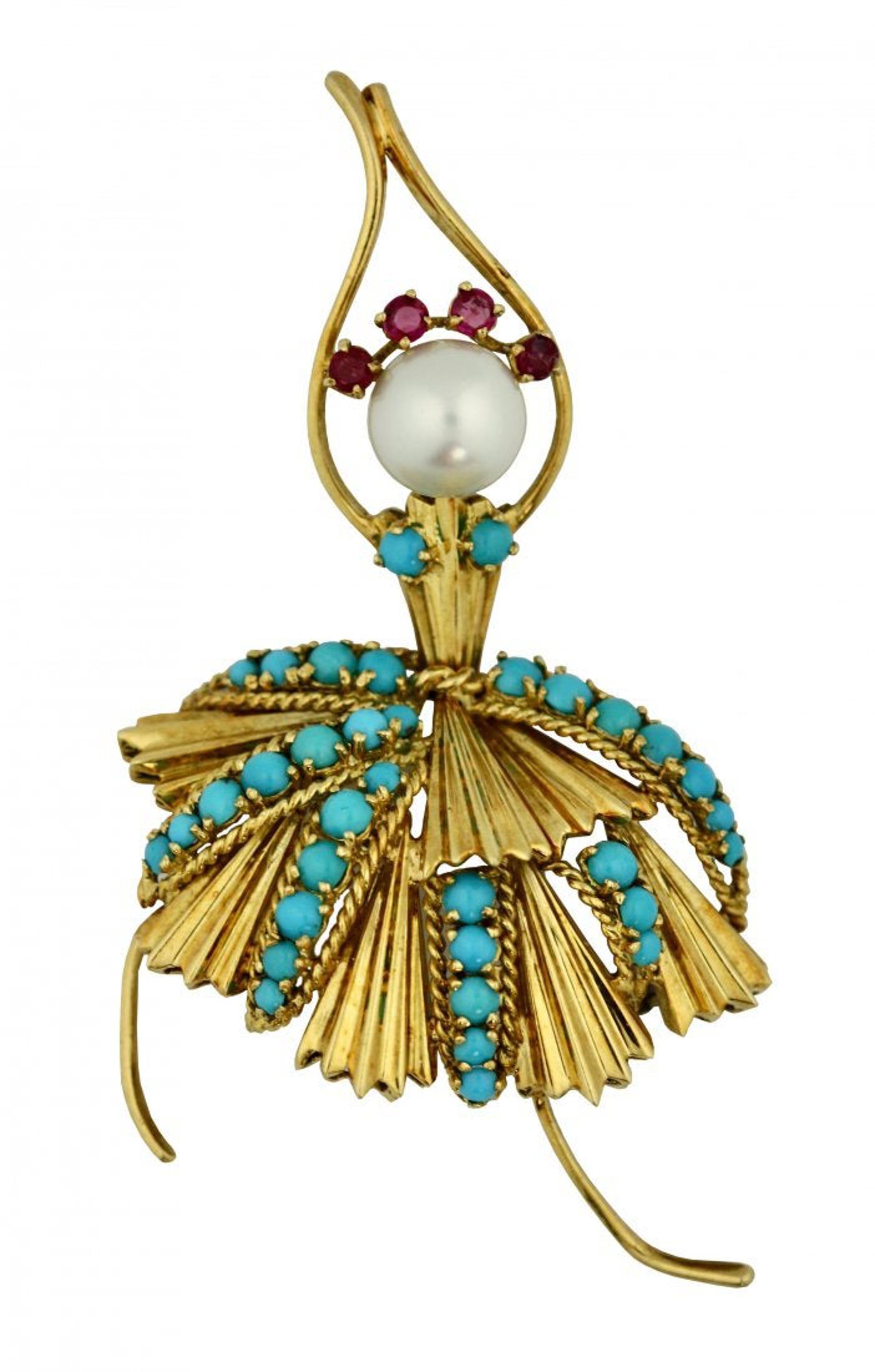 Spritzer & Fuhrmann 
Turquoise and Pearl Ballerina Brooch
Designed as a ballerina, the skirt set with turquoise, mounted in 18kt Yellow Gold. gross weight approximately 9.6 dwts
DIMENSIONS
length 7 cm.