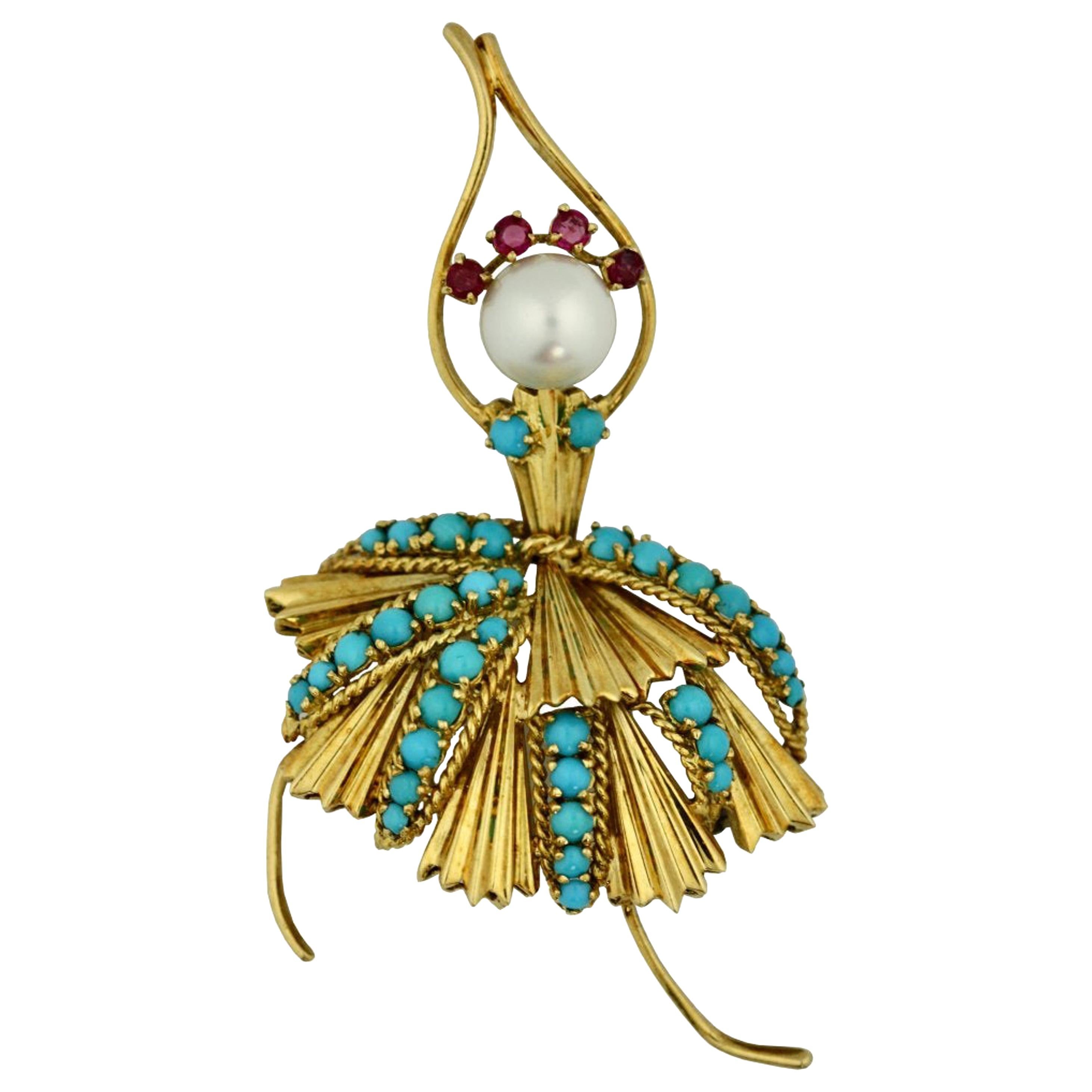 Spritzer & Fuhrmann Turquoise and Pearl Ballerina Brooch