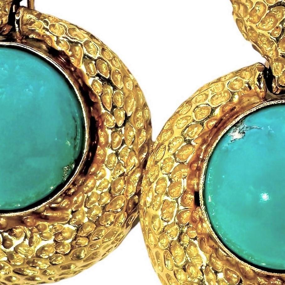Cabochon Spritzer & Fuhrmann Vintage Gold Door Knocker Earrings with Persian Turquoise For Sale