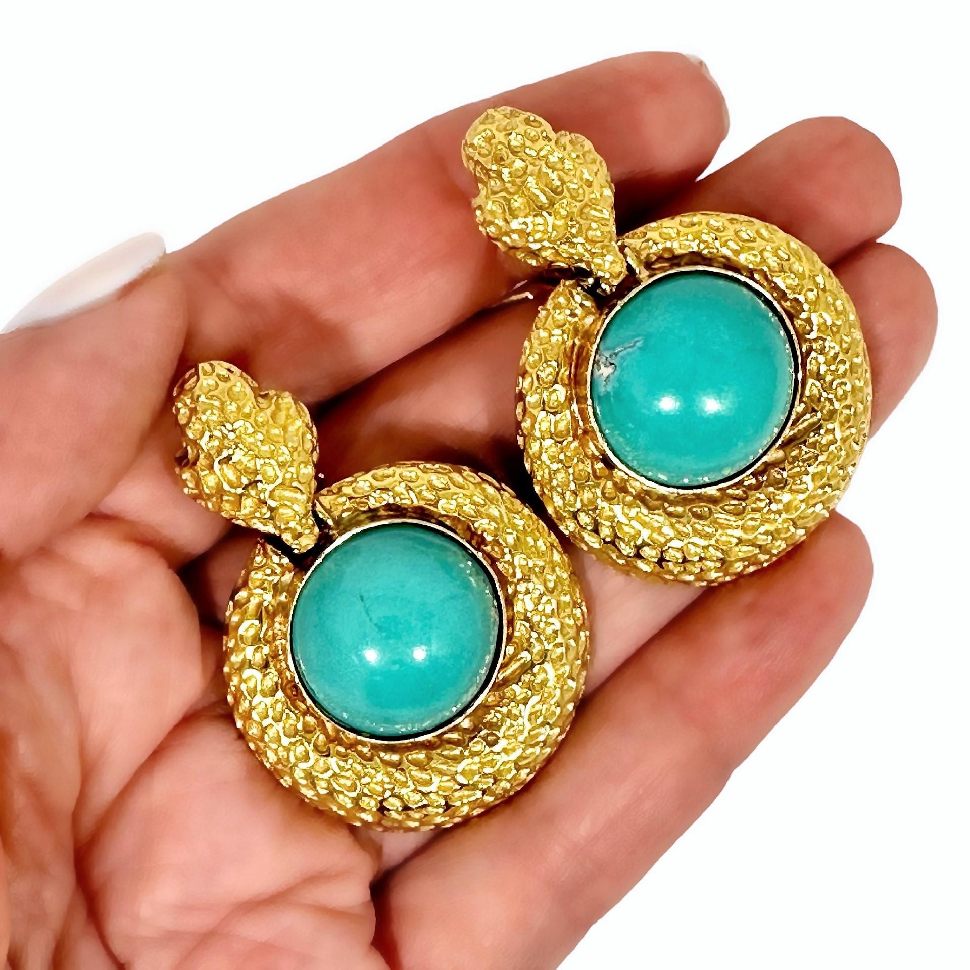 Spritzer & Fuhrmann Vintage Gold Door Knocker Earrings with Persian Turquoise For Sale 1