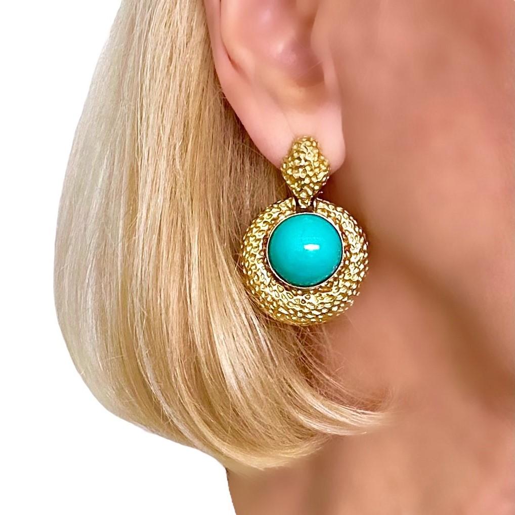 Spritzer & Fuhrmann Vintage Gold Door Knocker Earrings with Persian Turquoise For Sale 2