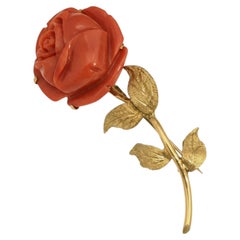 Spritzer & Fuhrmann Yellow Gold Carved Red Coral Rose Pin