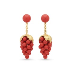 Spritzer & Fuhrmann Yellow Gold Red Grape Coral Hanging Earrings