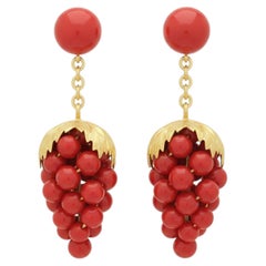 Spritzer & Fuhrmann Yellow Gold Red Grape Coral Hanging Earrings
