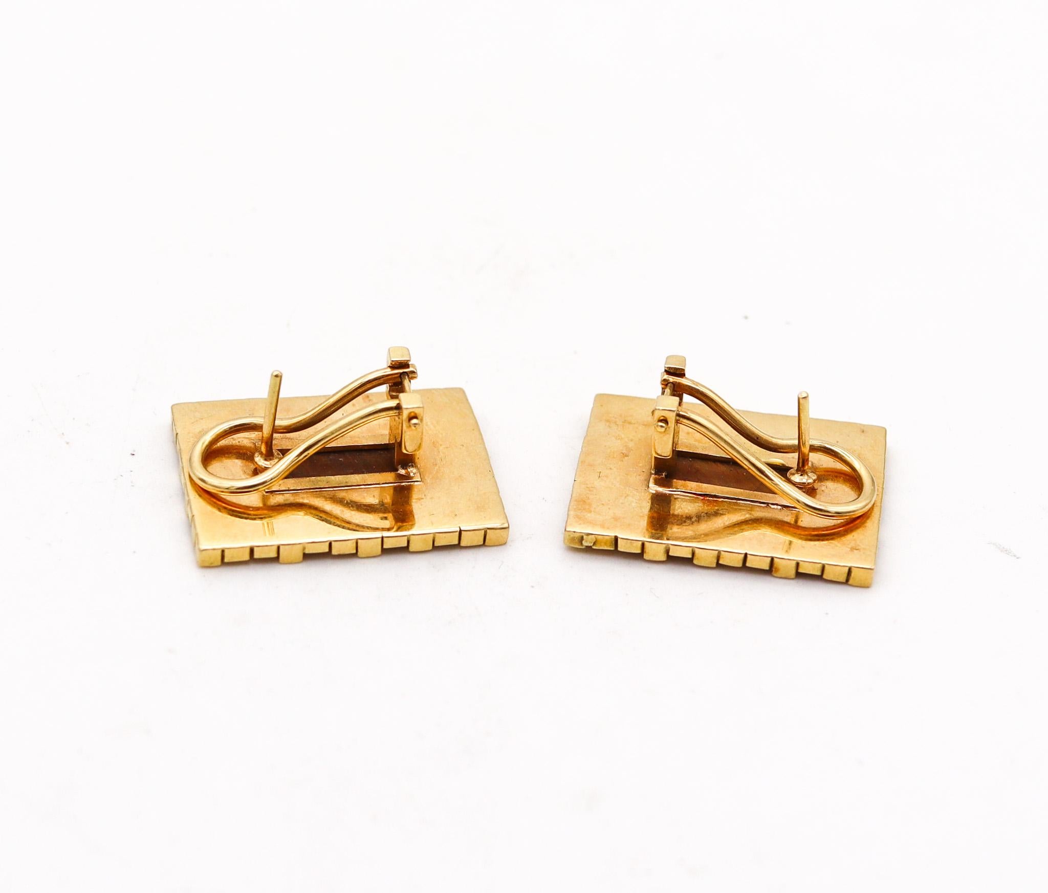 Cabochon Spritzer & Furhmann 1960 Modernist Geometric Earrings 18Kt Gold With Tiger's Eye For Sale
