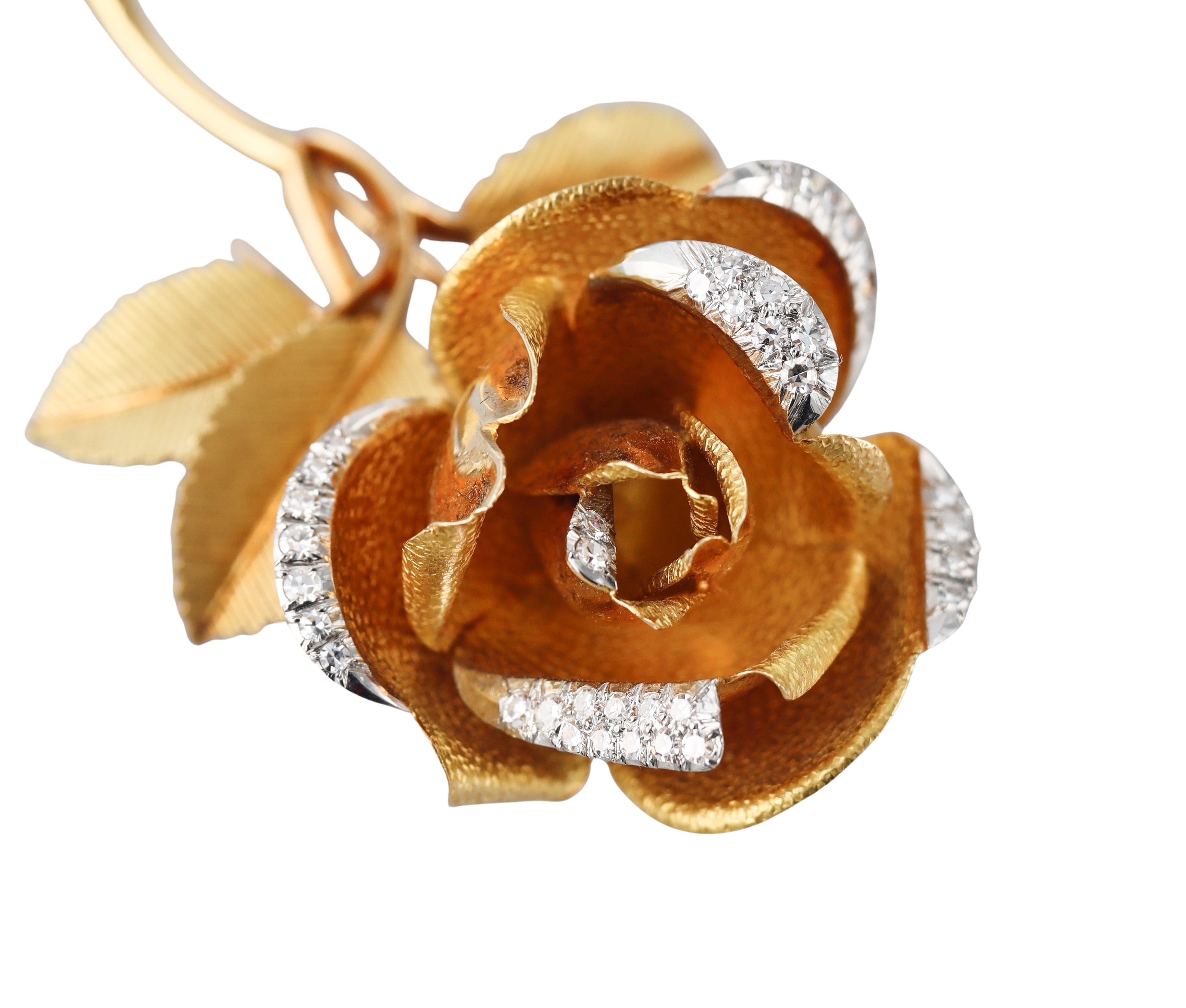 Spritzer & Furhmann Broche Flor Rosa Diamante Oro Amarillo Años 60 Corte redondo en venta