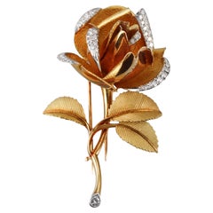 Spritzer & Furhmann 1960s Yellow Gold Diamond Rose Flower Brooch