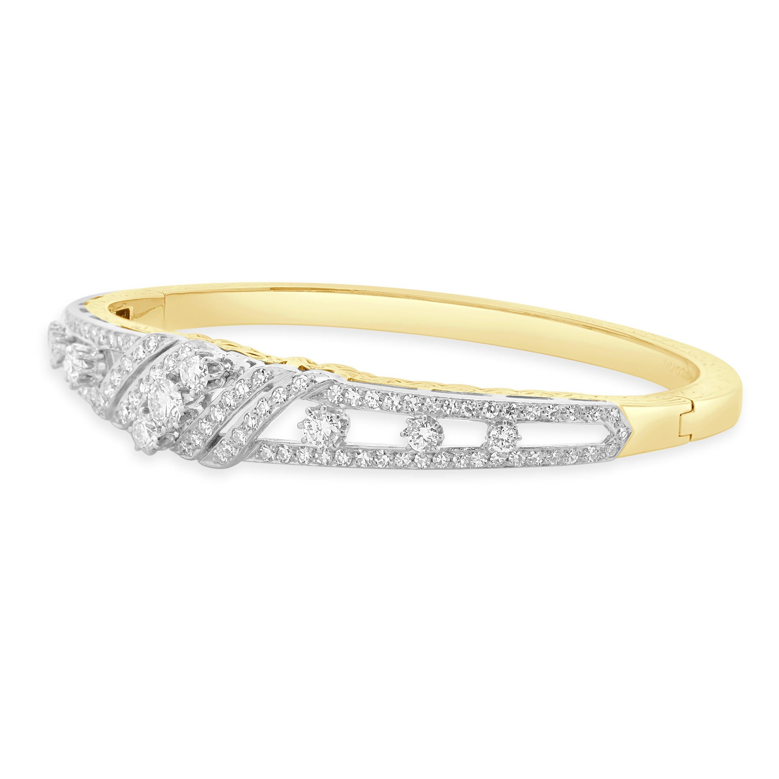 Designer: Spritzer & Furmann
Material: 14K yellow & white gold
Diamond: 107 round & single cut = 2.25cttw
Color: H/I
Clarity: VS2
Dimensions: bracelet will fit up to a 6.5-inch wrist
Weight: 22.16 grams