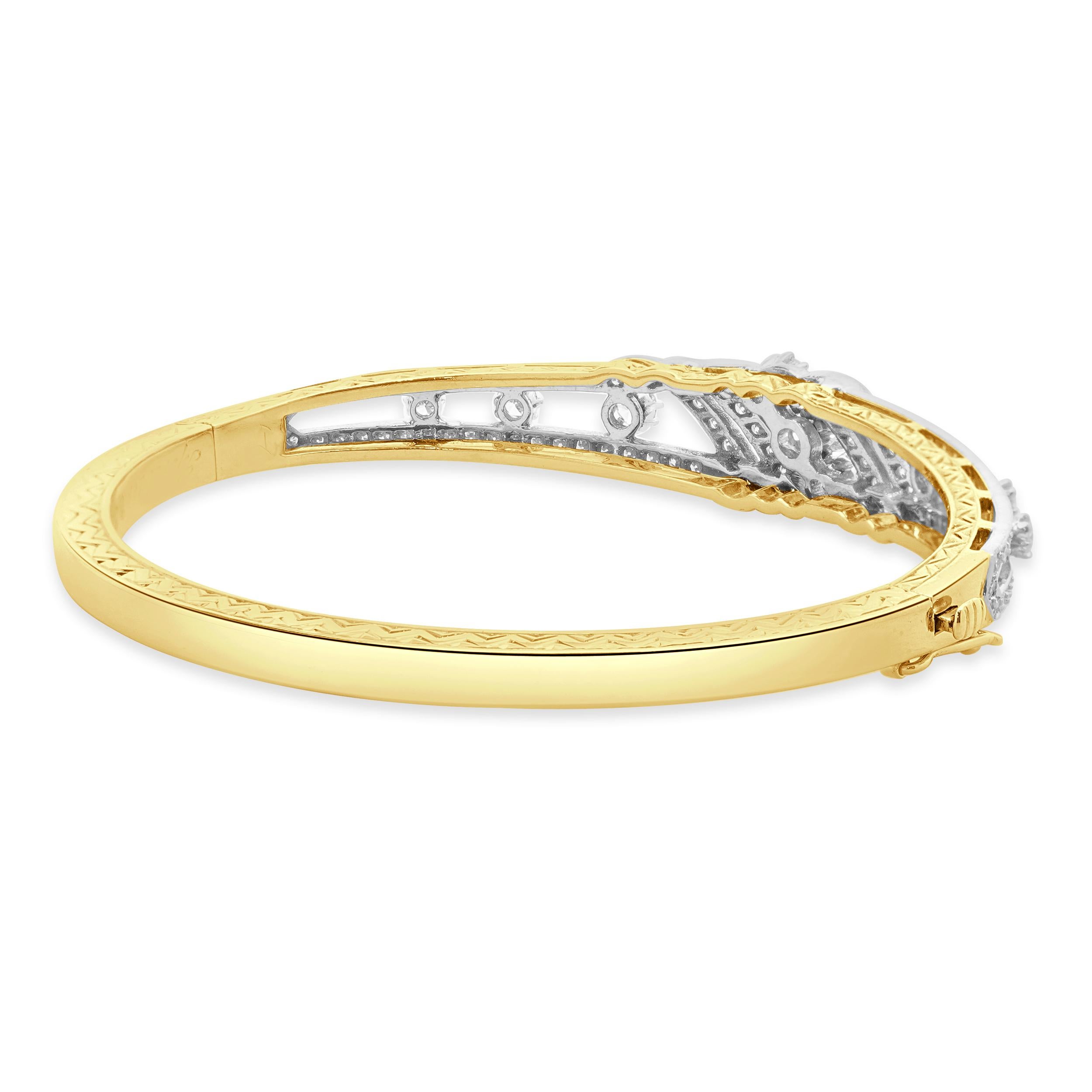 Round Cut Spritzer & Furmann 14 Karat Yellow & White Gold Vintage Diamond Bangle Bracelet For Sale