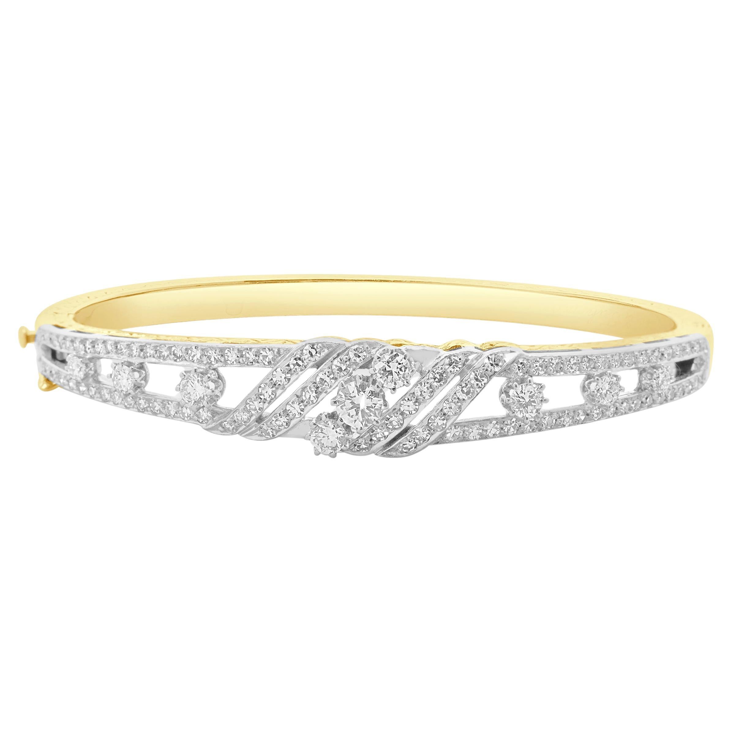 Spritzer & Furmann 14 Karat Yellow & White Gold Vintage Diamond Bangle Bracelet For Sale