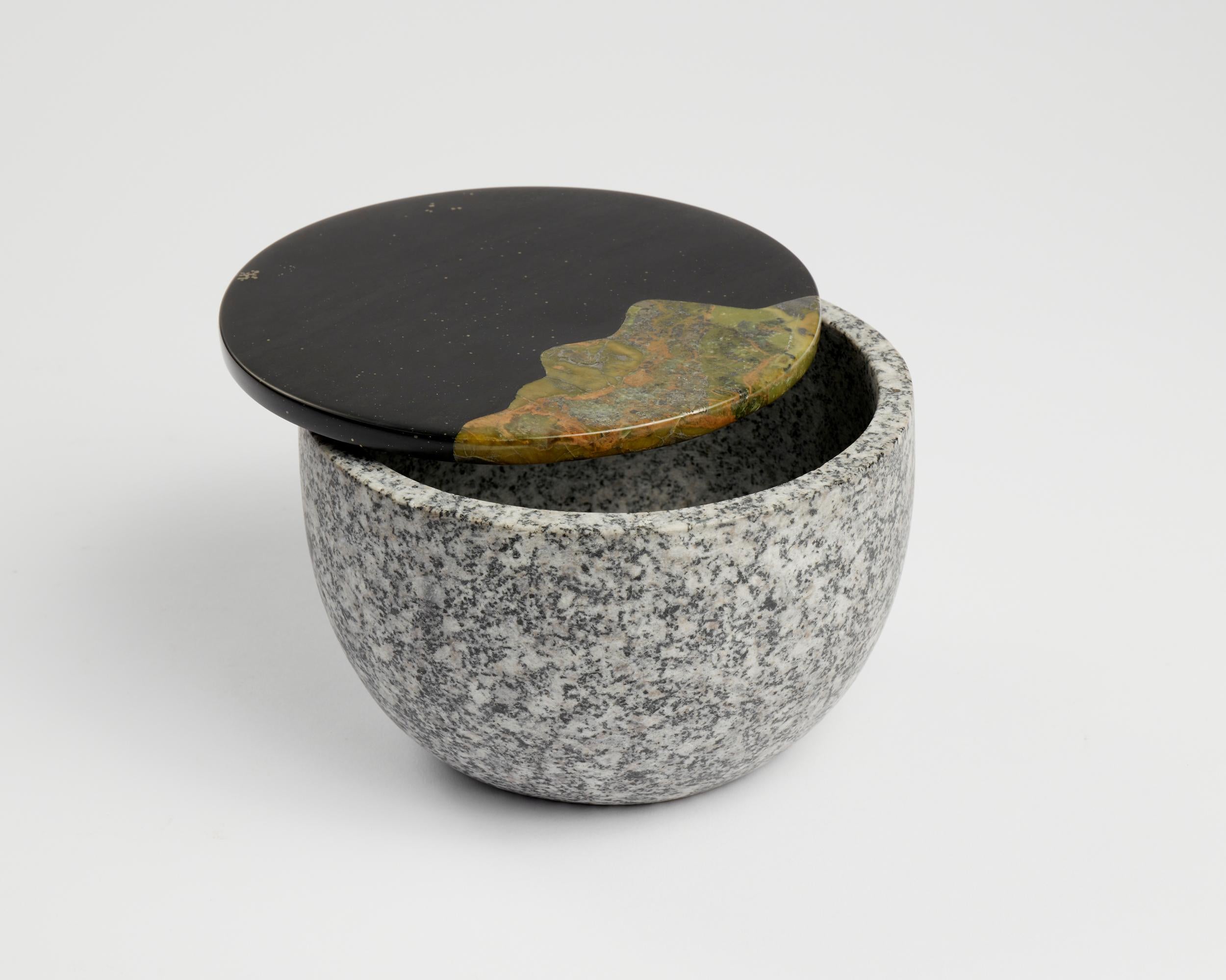 Sprouter Pot by Estudio Rafael Freyre
Dimensions: D 15 x H 8 cm 
Materials: Andes Stone, Amazonic Wood.
Also Available: Other materials and finishes available.

The Sprouters series explores the interaction of mineral and plant organisms. When
