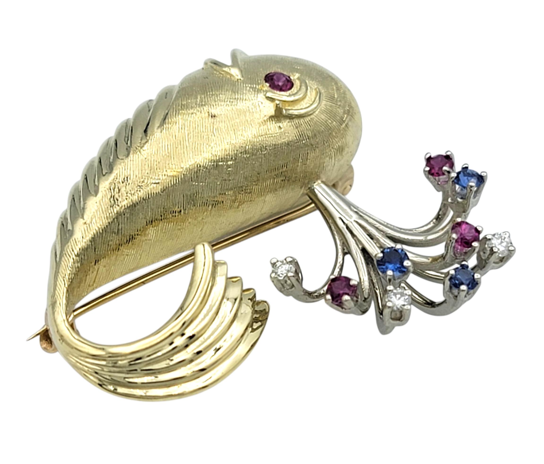 Contemporary Sprouting Whale Brooch with Rubies, Sapphires & Diamonds in 14 Karat Yellow Gold For Sale