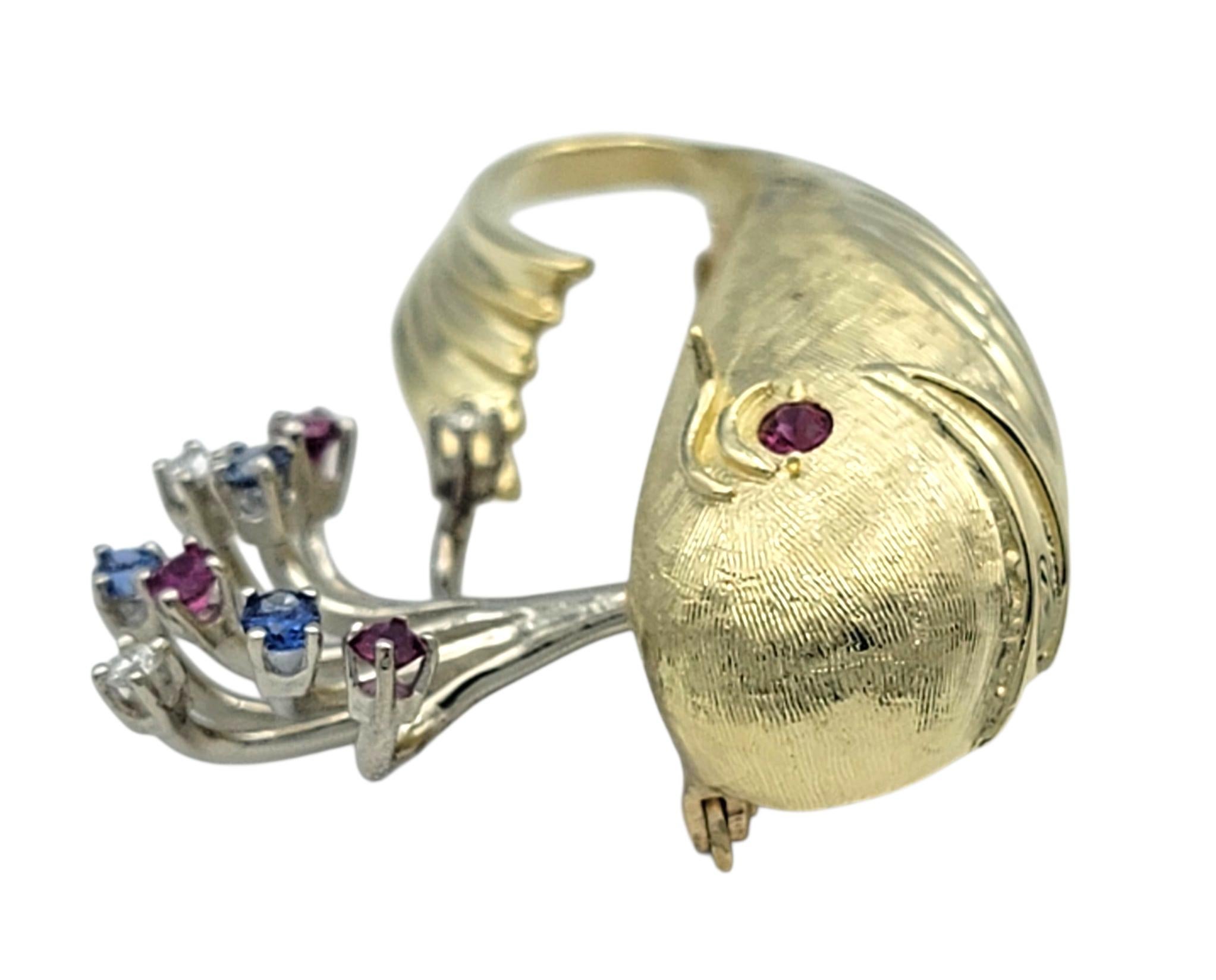 Round Cut Sprouting Whale Brooch with Rubies, Sapphires & Diamonds in 14 Karat Yellow Gold For Sale