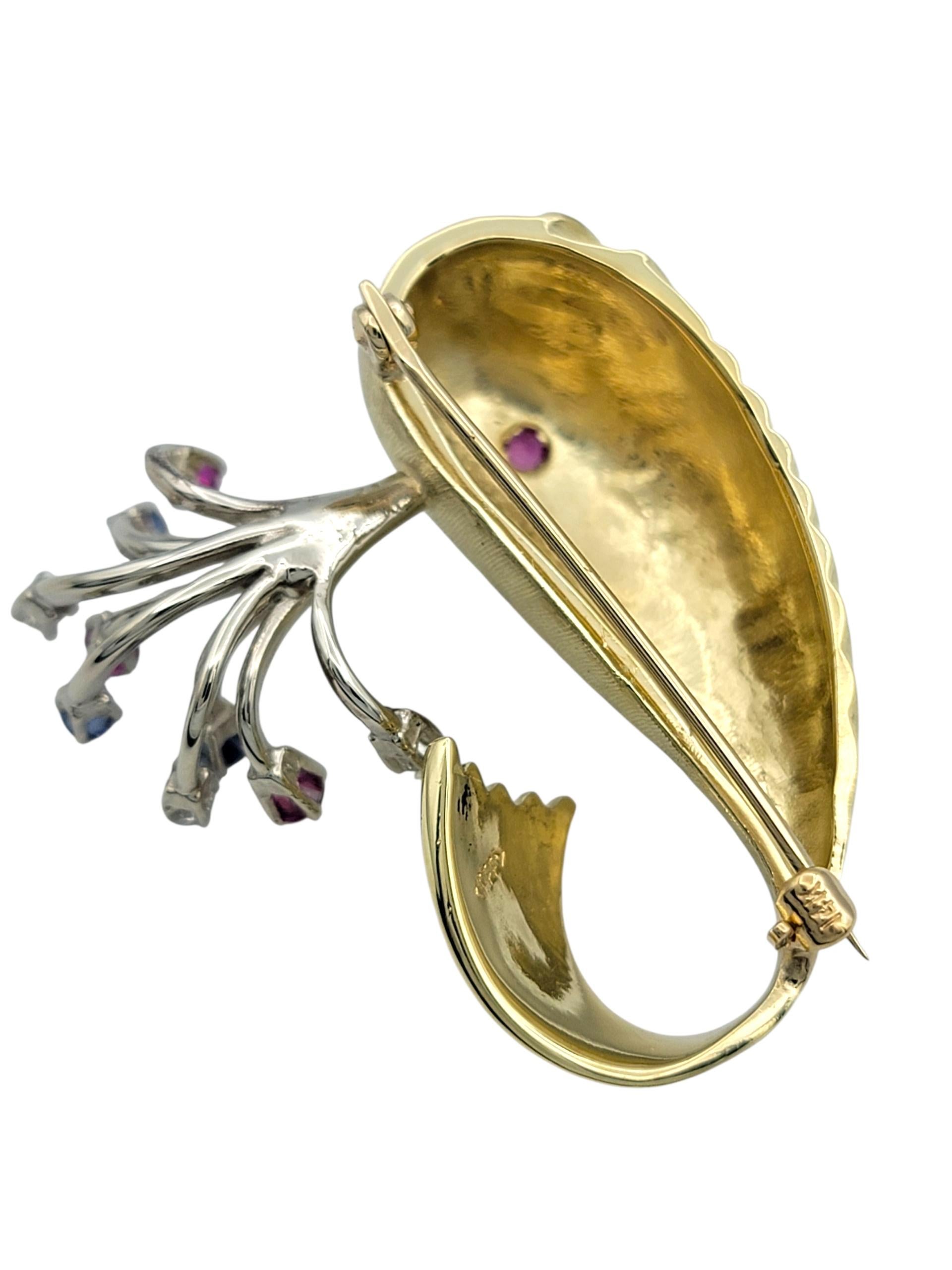 Sprouting Whale Brooch with Rubies, Sapphires & Diamonds in 14 Karat Yellow Gold In Good Condition For Sale In Scottsdale, AZ