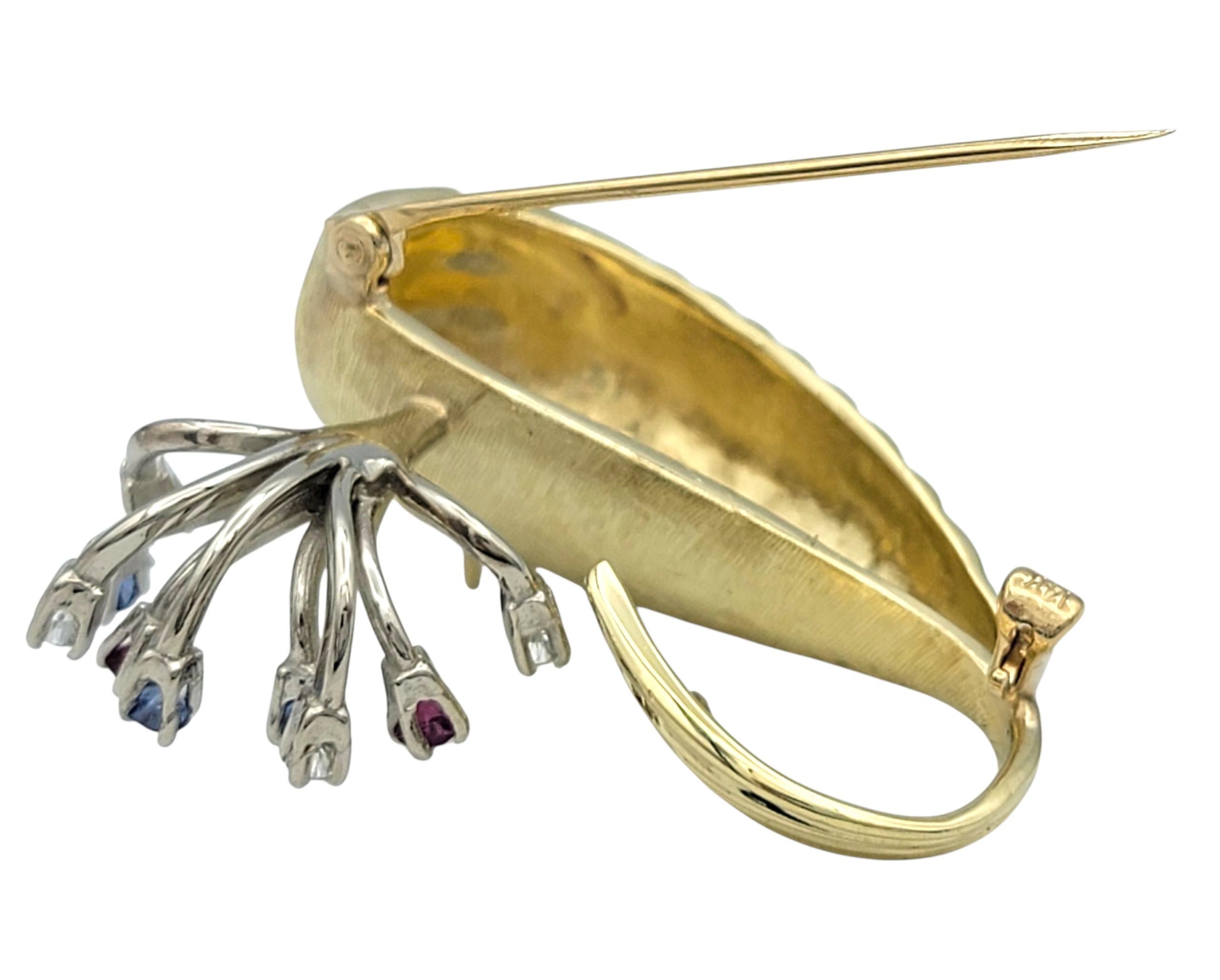 Women's or Men's Sprouting Whale Brooch with Rubies, Sapphires & Diamonds in 14 Karat Yellow Gold For Sale