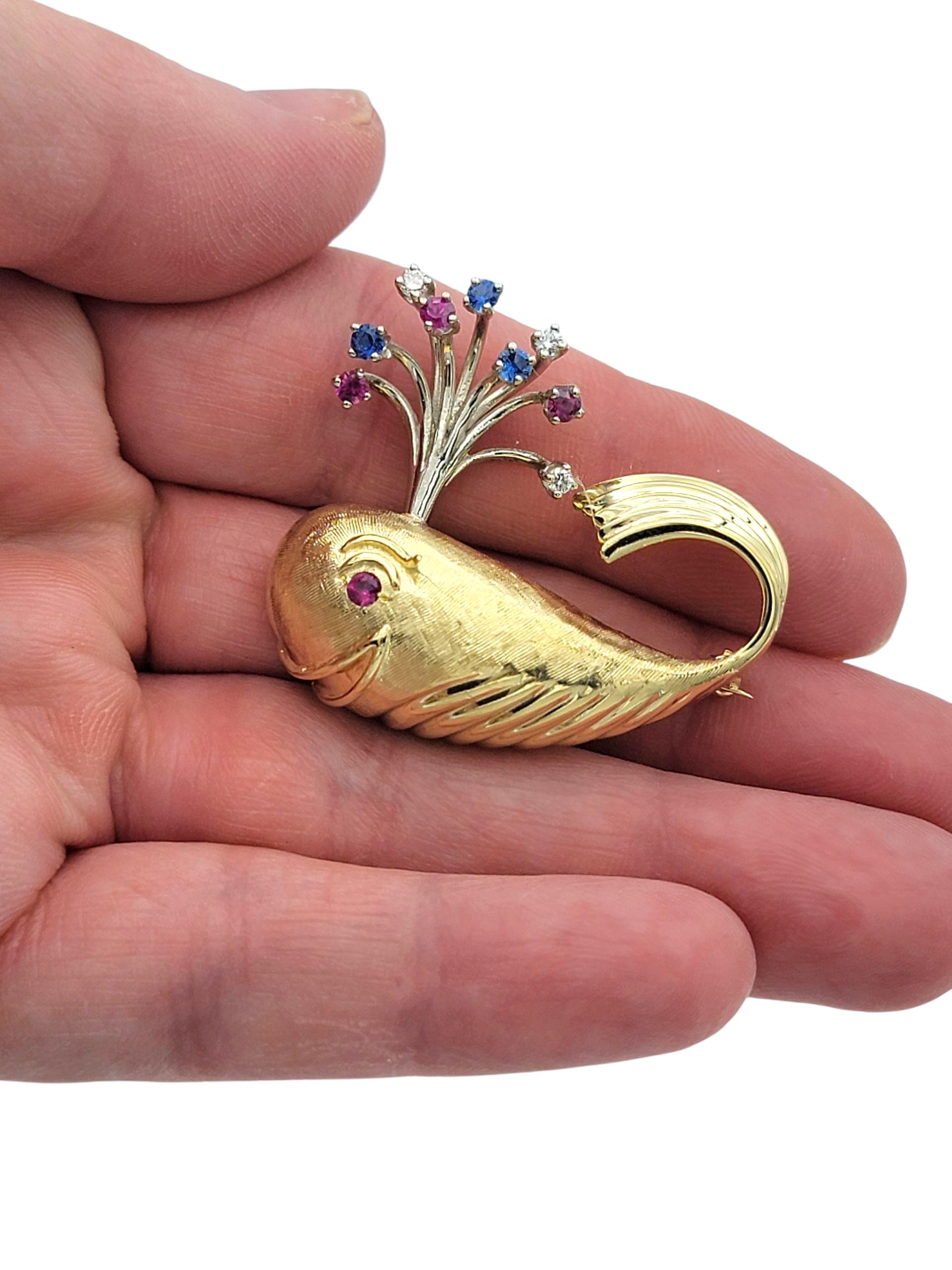 Sprouting Whale Brooch with Rubies, Sapphires & Diamonds in 14 Karat Yellow Gold For Sale 1