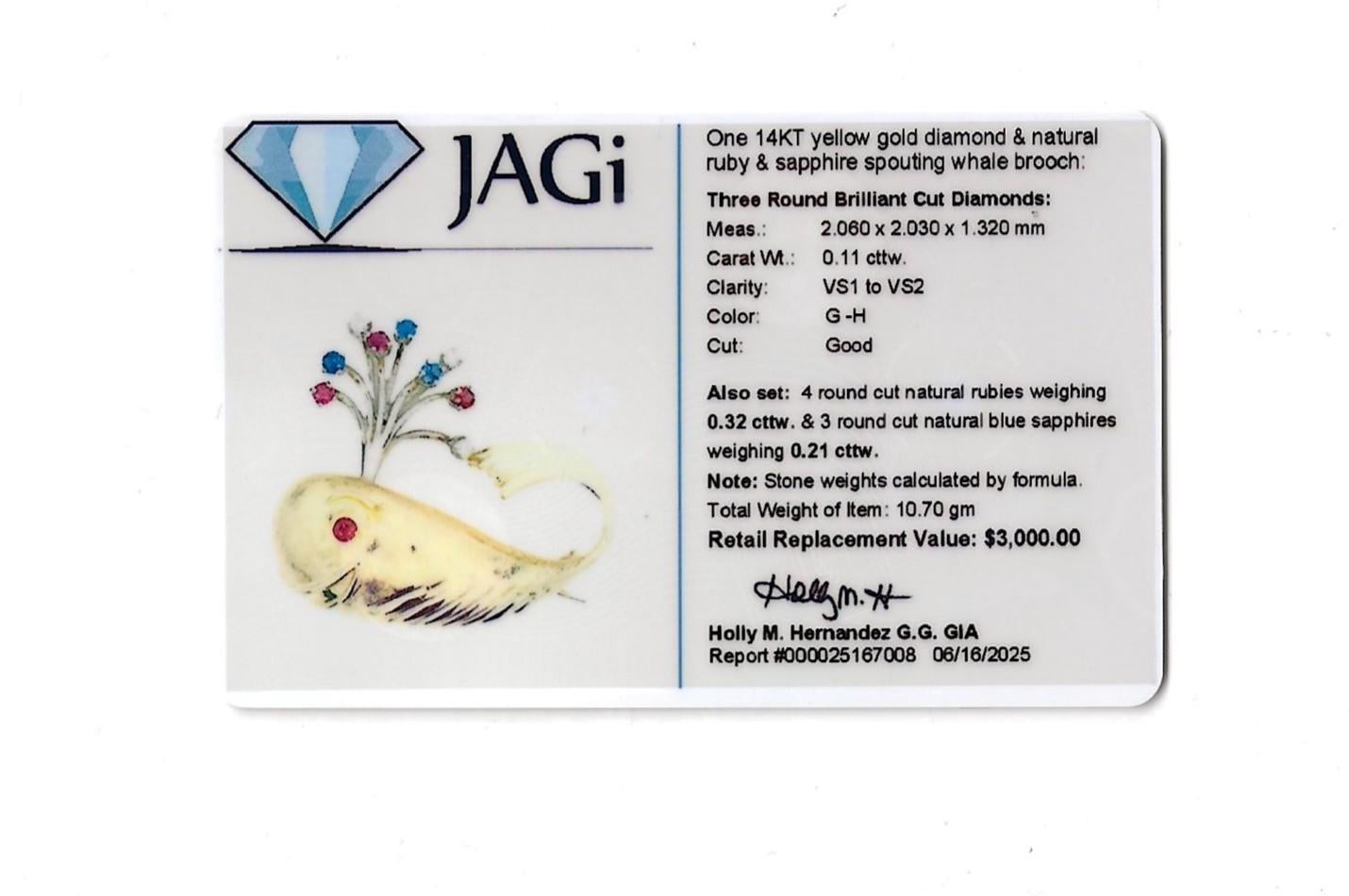 Sprouting Whale Brooch with Rubies, Sapphires & Diamonds in 14 Karat Yellow Gold For Sale 2