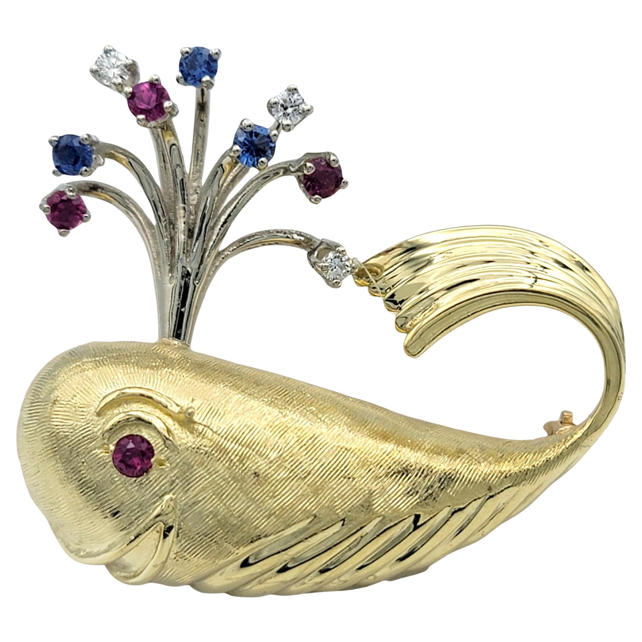 Sprouting Whale Brooch with Rubies, Sapphires & Diamonds in 14 Karat Yellow Gold For Sale