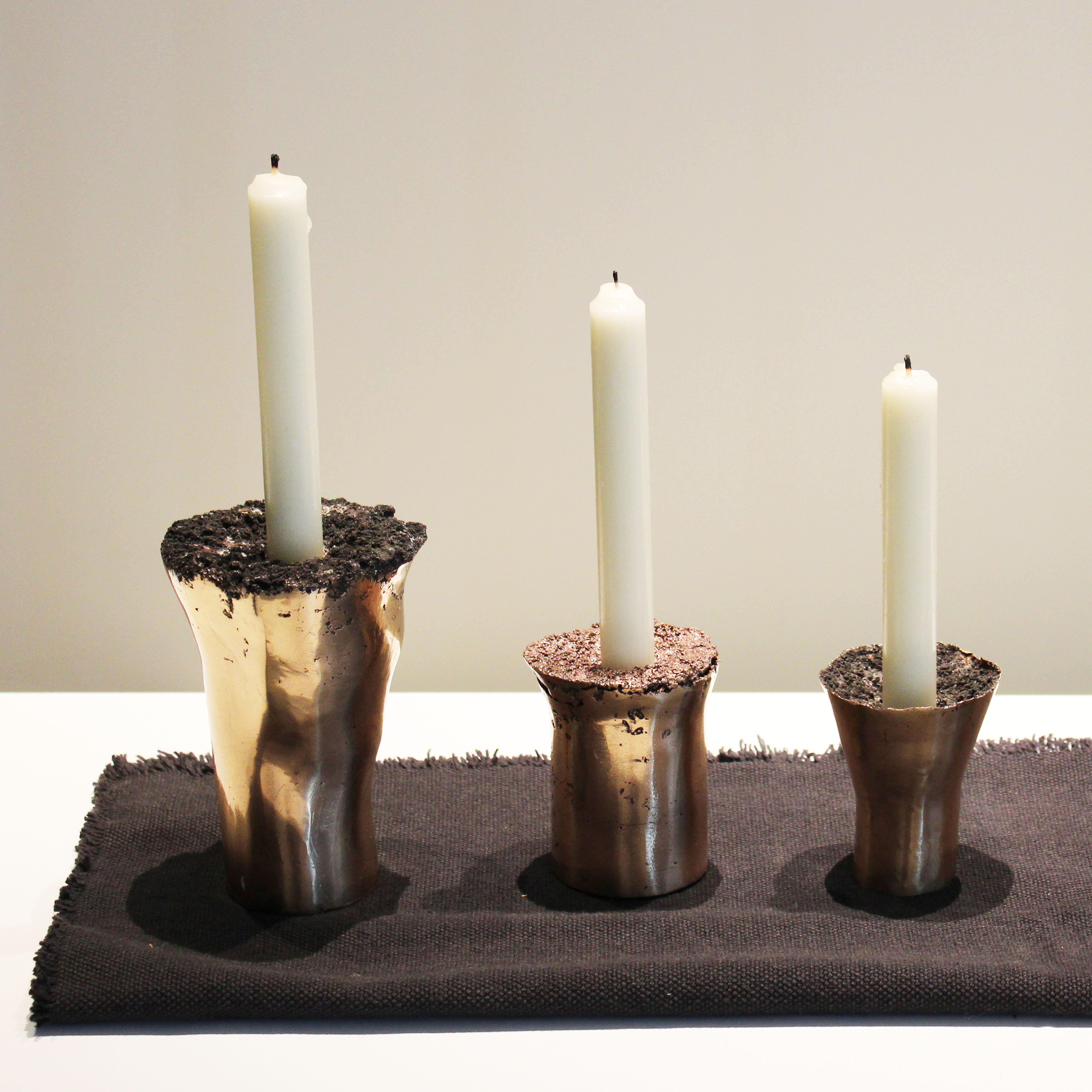 Turkish Sprue Candlesticks Set of 11 Cast Bronze by Studio Sunt For Sale