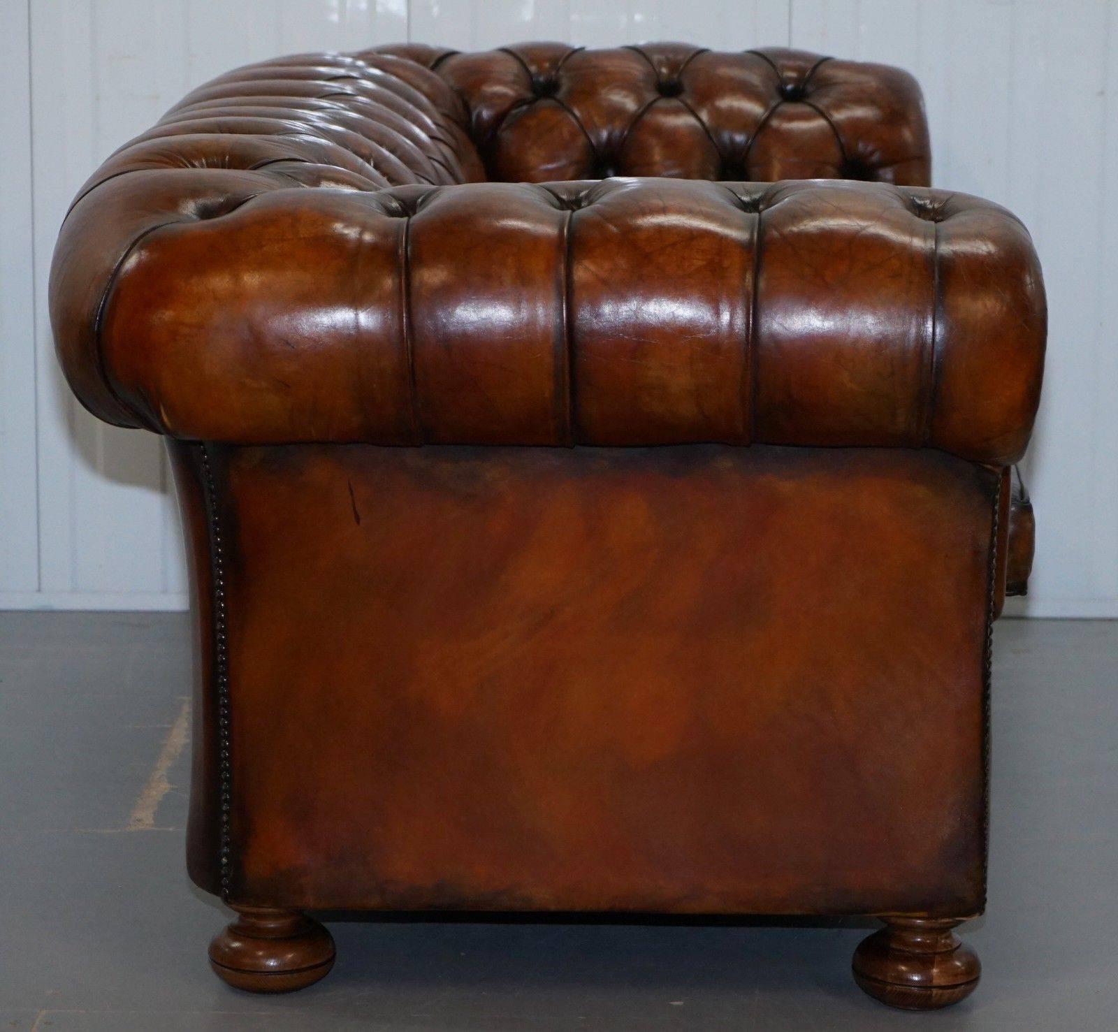 Sprung Walnut Thomas Chippendale Restored Aged Brown Leather Chesterfield Sofa 4