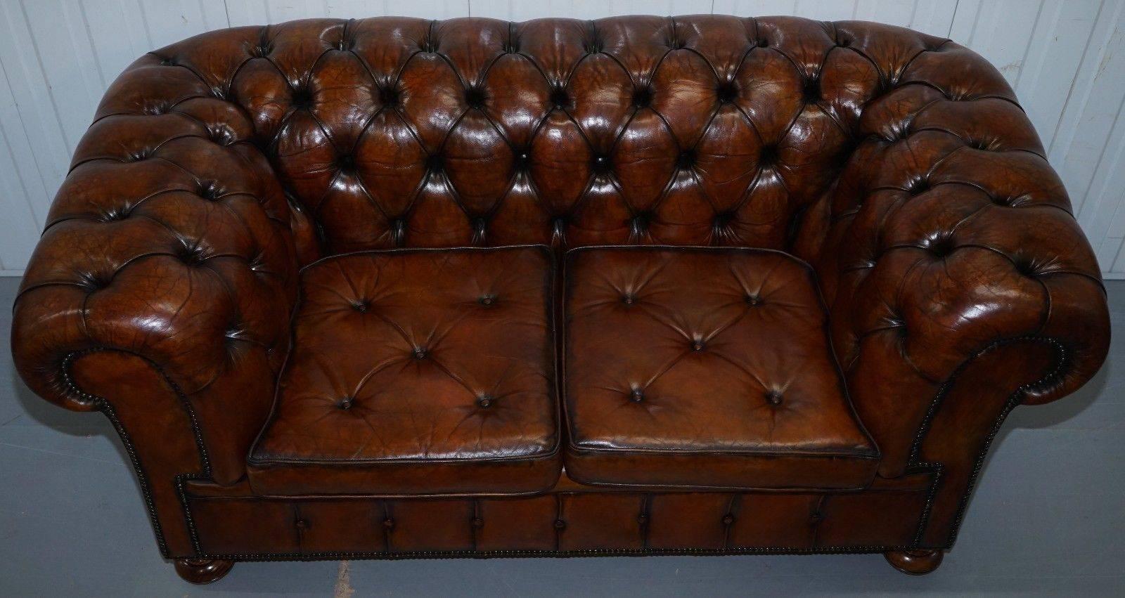 Victorian Sprung Walnut Thomas Chippendale Restored Aged Brown Leather Chesterfield Sofa