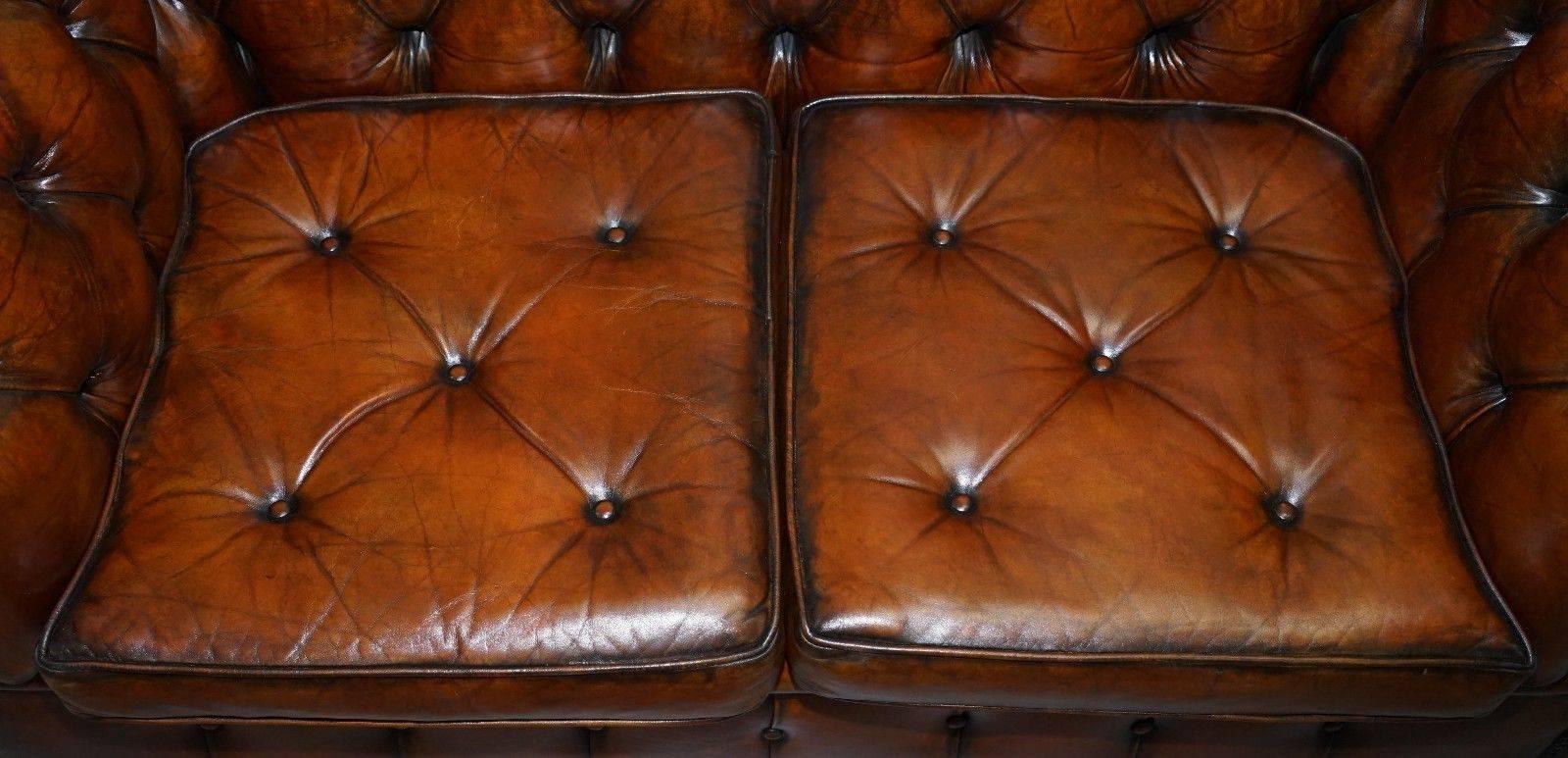 British Sprung Walnut Thomas Chippendale Restored Aged Brown Leather Chesterfield Sofa