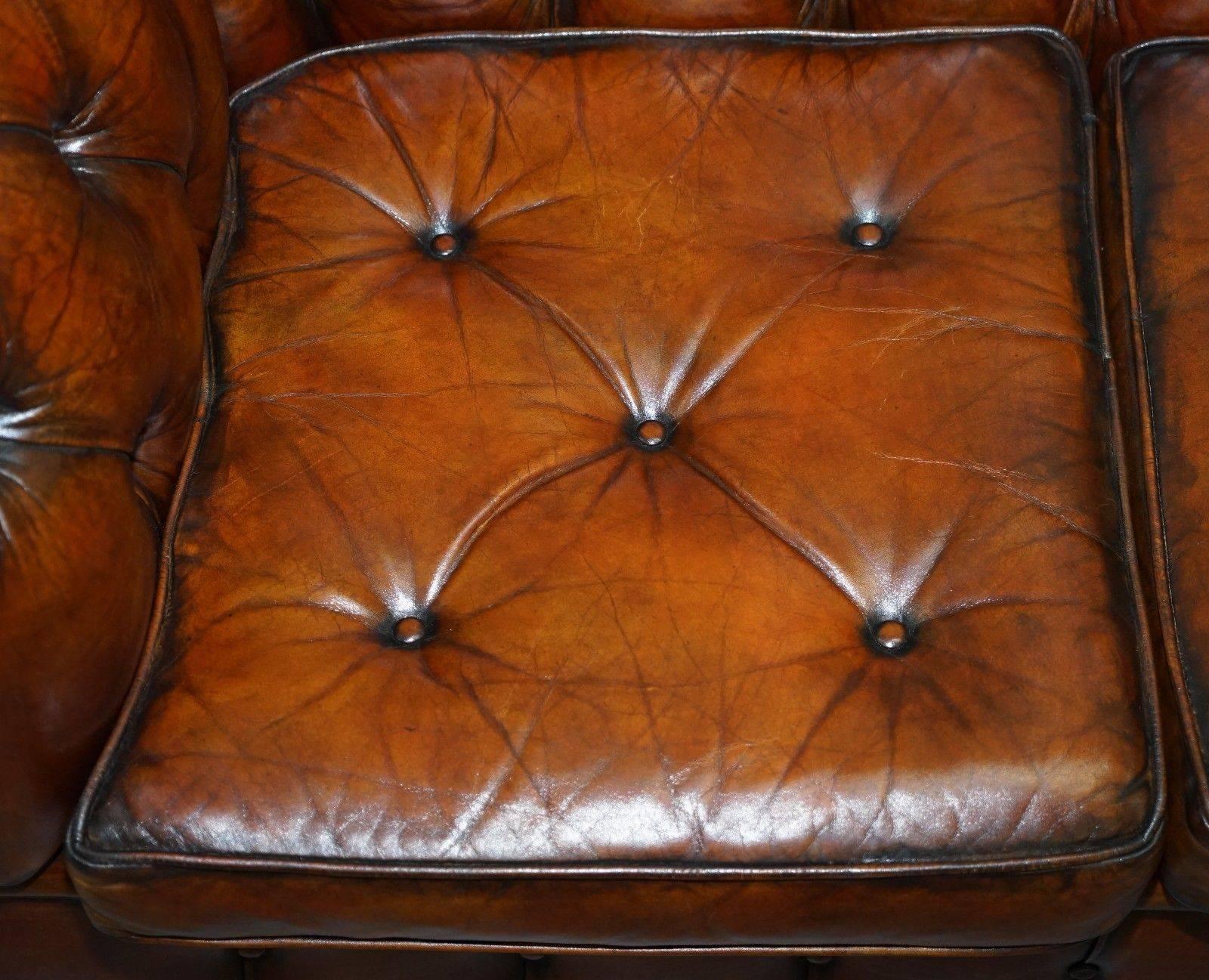 Hand-Crafted Sprung Walnut Thomas Chippendale Restored Aged Brown Leather Chesterfield Sofa