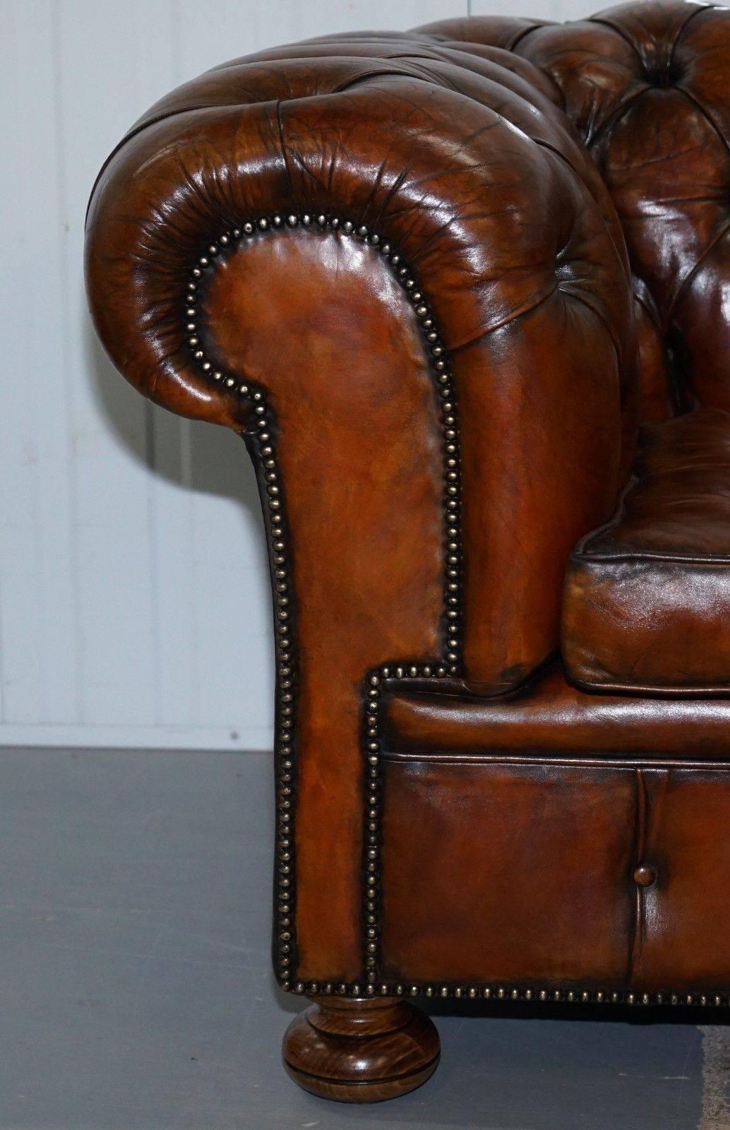 19th Century Sprung Walnut Thomas Chippendale Restored Aged Brown Leather Chesterfield Sofa