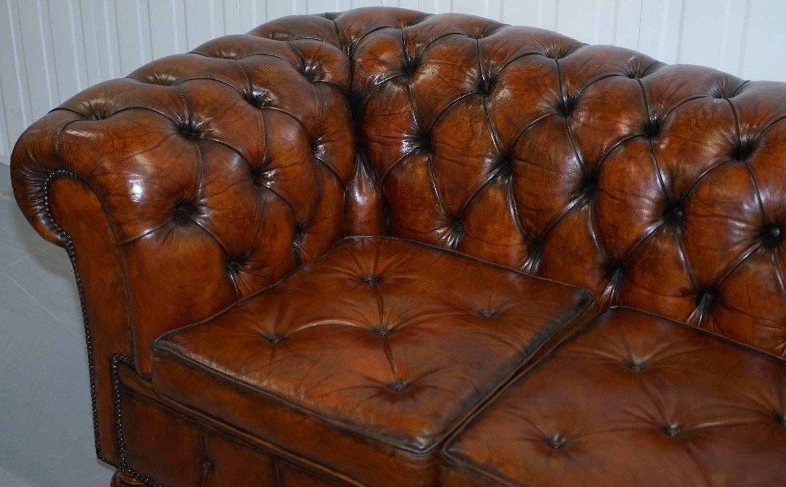 Sprung Walnut Thomas Chippendale Restored Aged Brown Leather Chesterfield Sofa 2