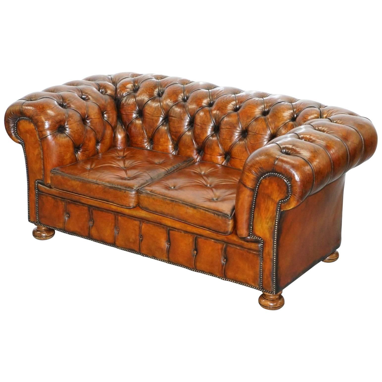 Sprung Walnut Thomas Chippendale Restored Aged Brown Leather Chesterfield Sofa