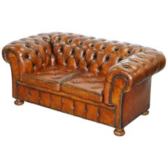 Antique Sprung Walnut Thomas Chippendale Restored Aged Brown Leather Chesterfield Sofa