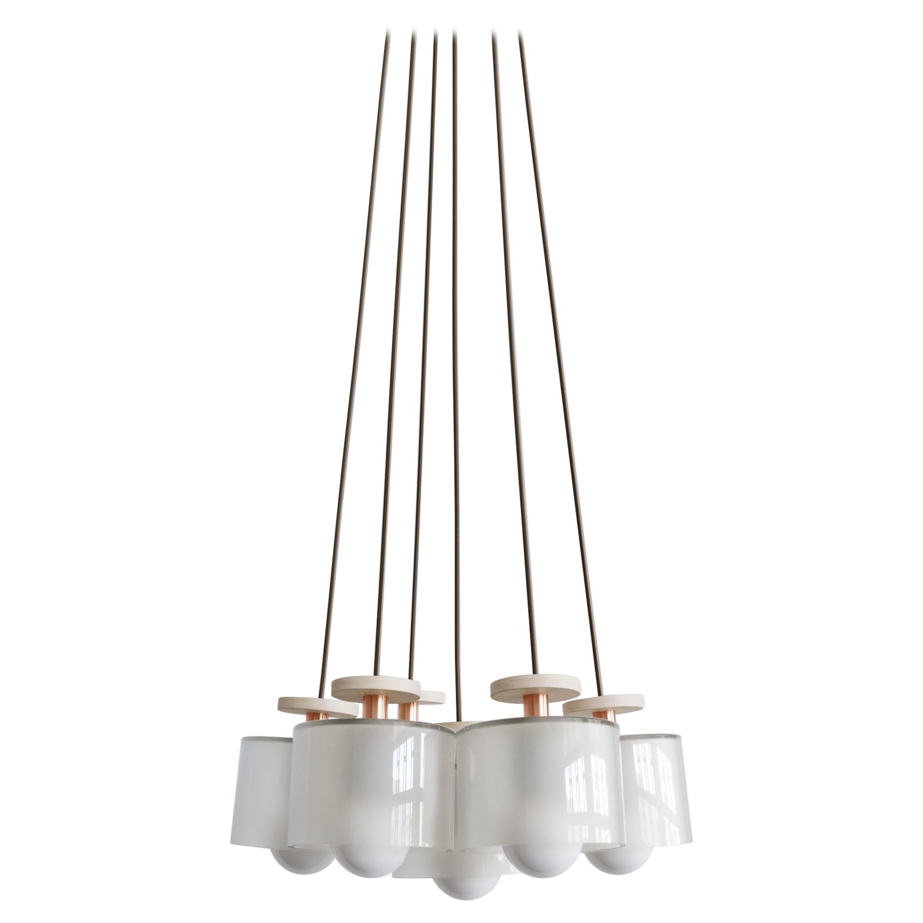 Spun 6-Piece Chandelier Pendant in Frosted Glass Shade, Field Adjustable Light For Sale