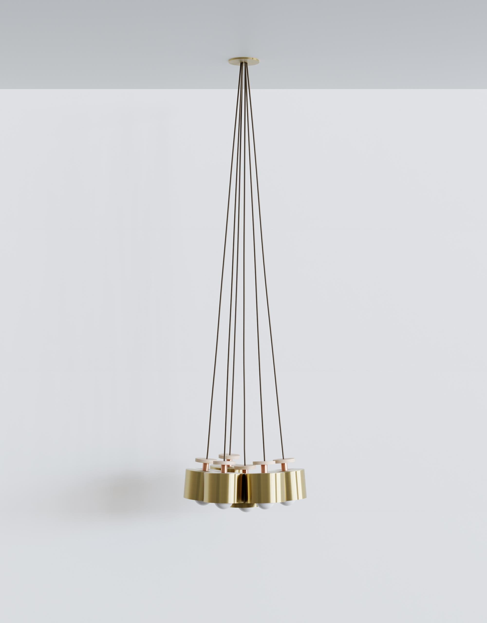 American Spun 6-Piece Pendant Chandelier in Brass, Length Adjustable on site Light For Sale