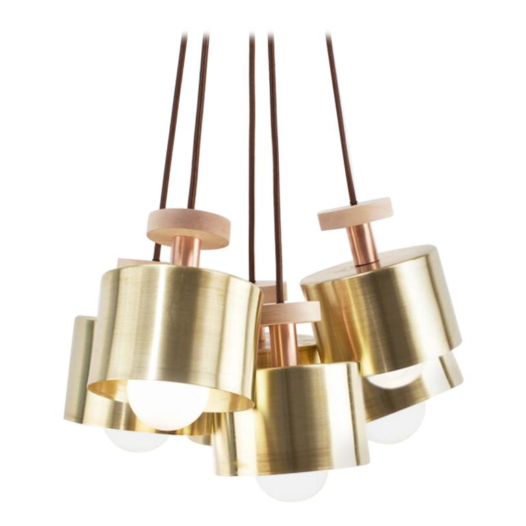 Contemporary Spun 6-Piece Pendant Chandelier in Brass, Length Adjustable on site Light For Sale