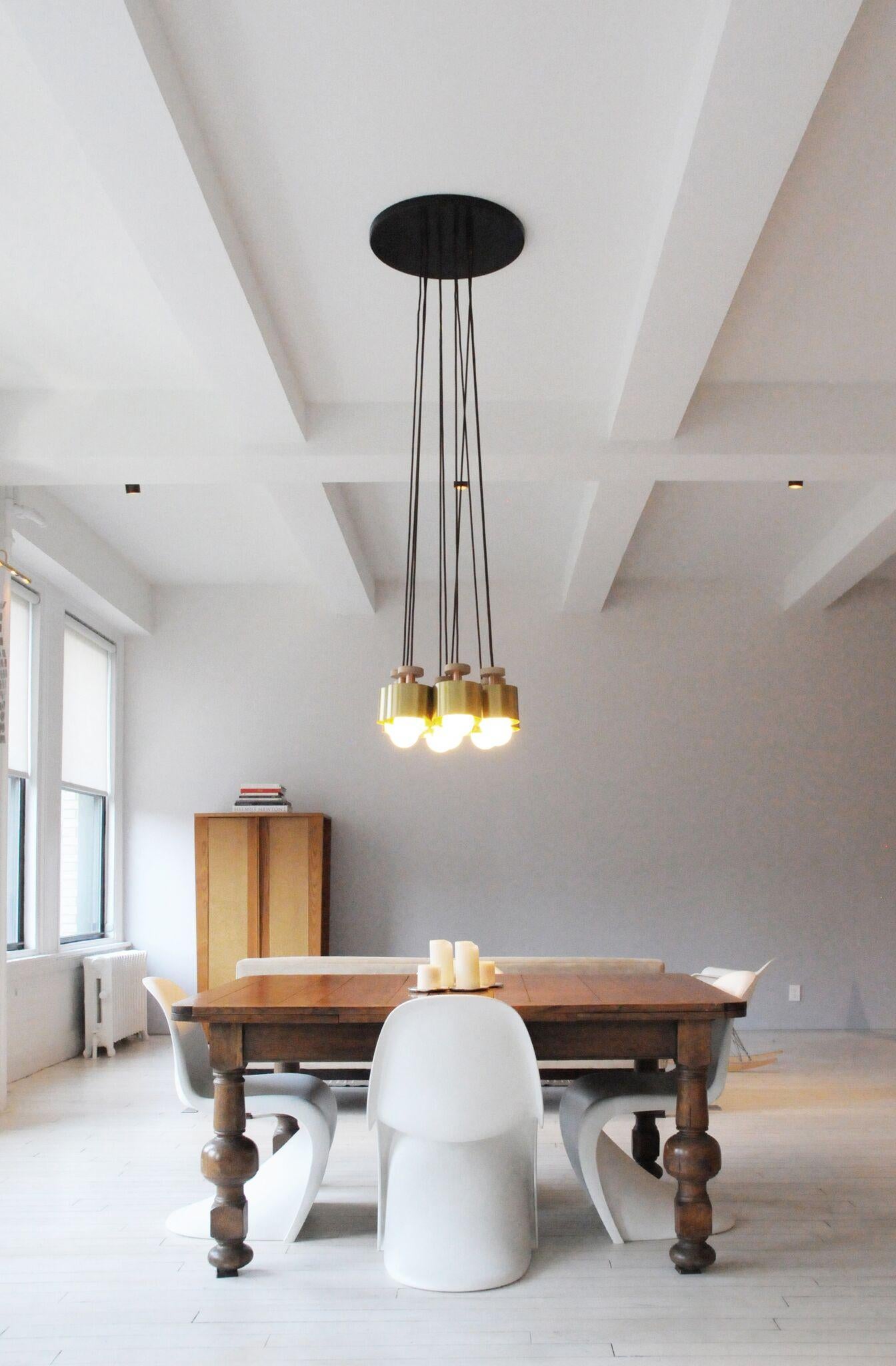 Spun 6-Piece Pendant Chandelier in Brass, Length Adjustable on site Light For Sale 1