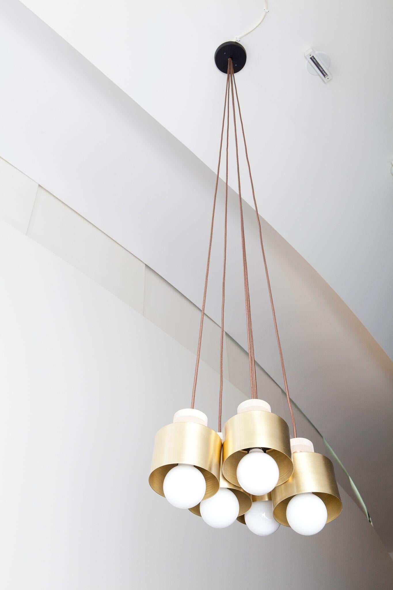 Spun 6-Piece Pendant Chandelier in Brass, Length Adjustable on site Light For Sale 2