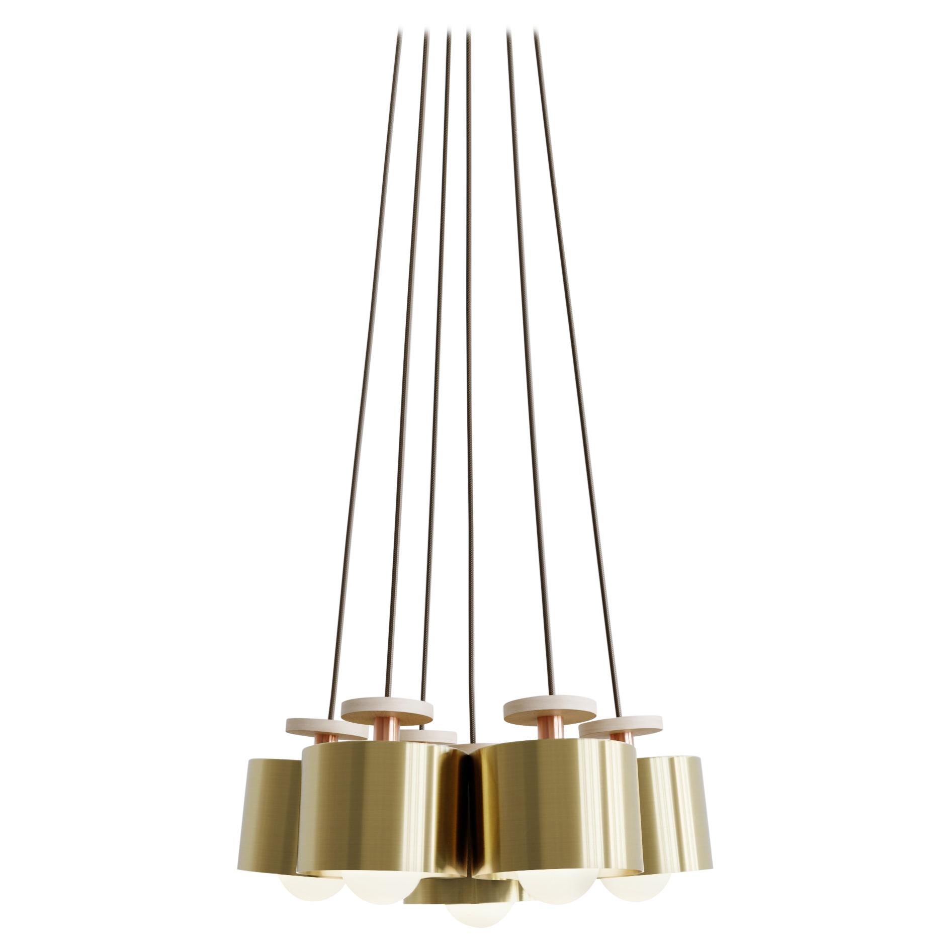 Spun 6-Piece Pendant Chandelier in Brass, Length Adjustable on site Light For Sale