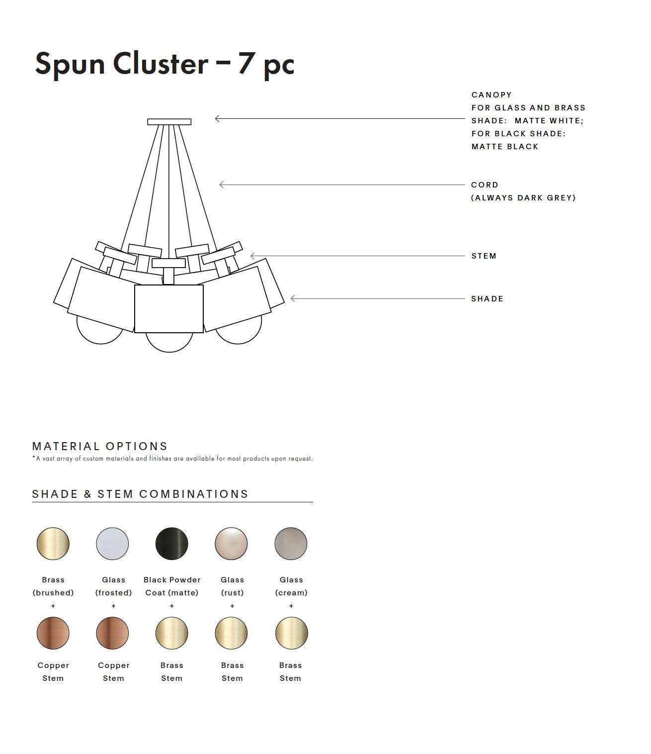 Polished Spun 7-Piece Chandelier Pendant in Frosted Glass Shade, Field Adjustable Light For Sale