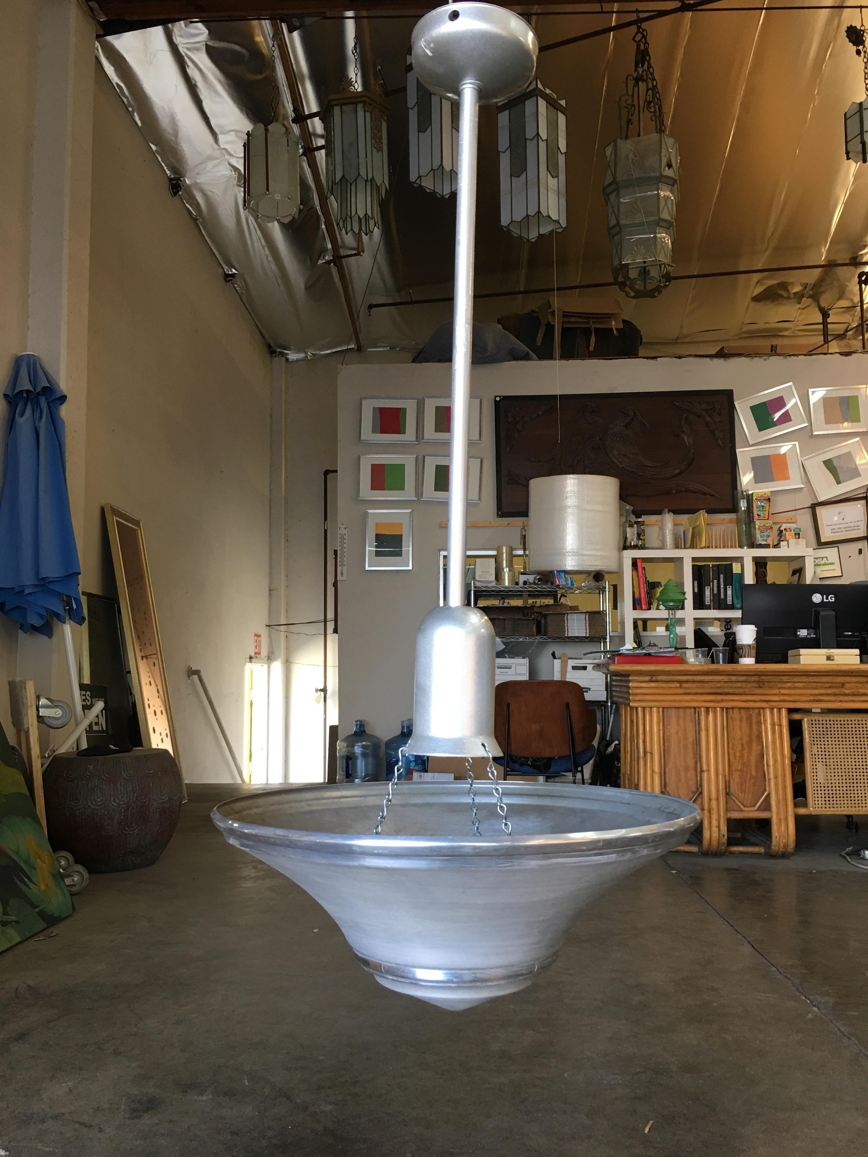 Mid-20th Century Spun Aluminum Art Deco Saucer Ceiling Pendant Lamp For Sale