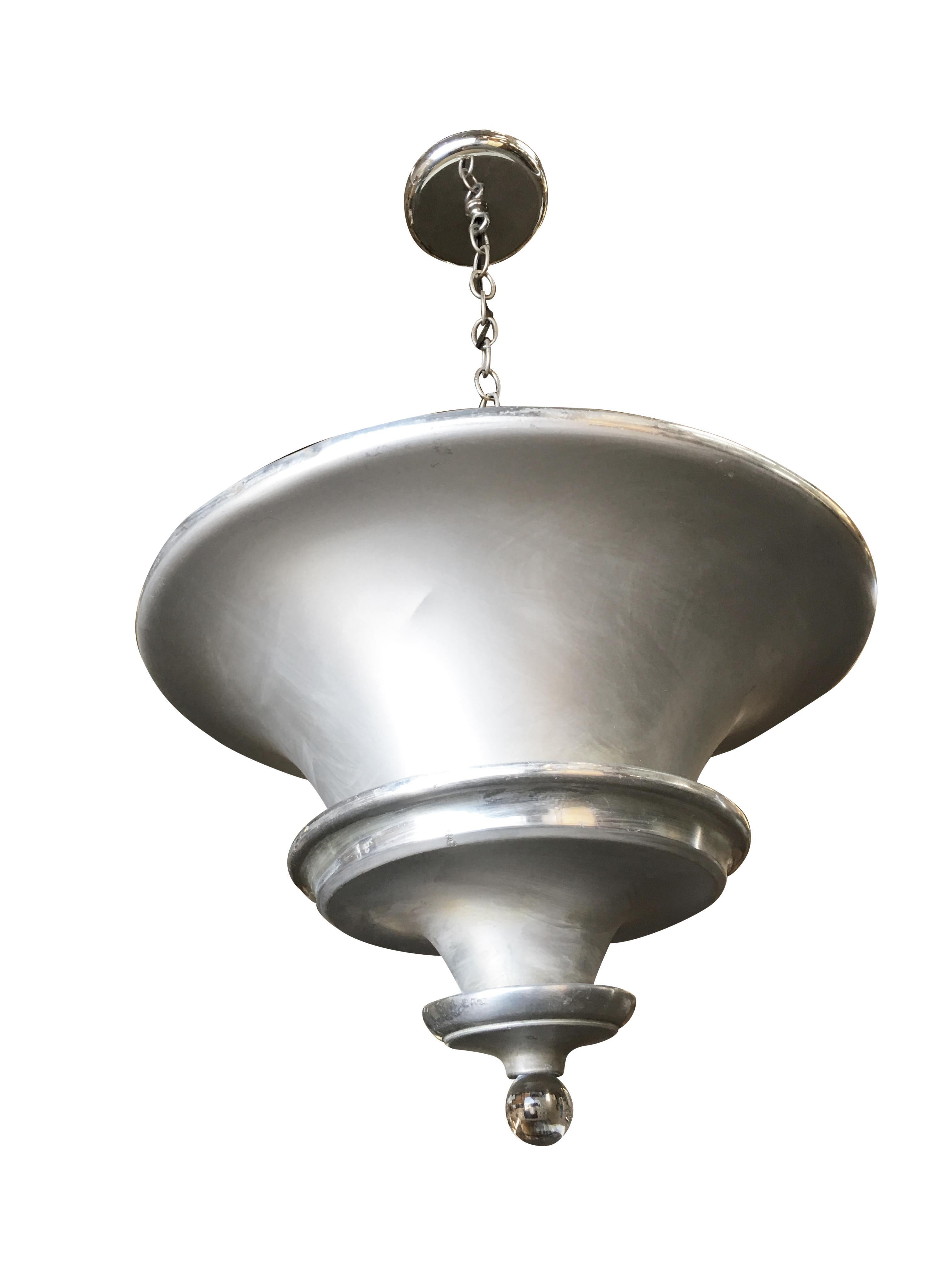 Spun aluminum Art Deco multilevel acorn ceiling pendant lamp, by Walter von Nelson.