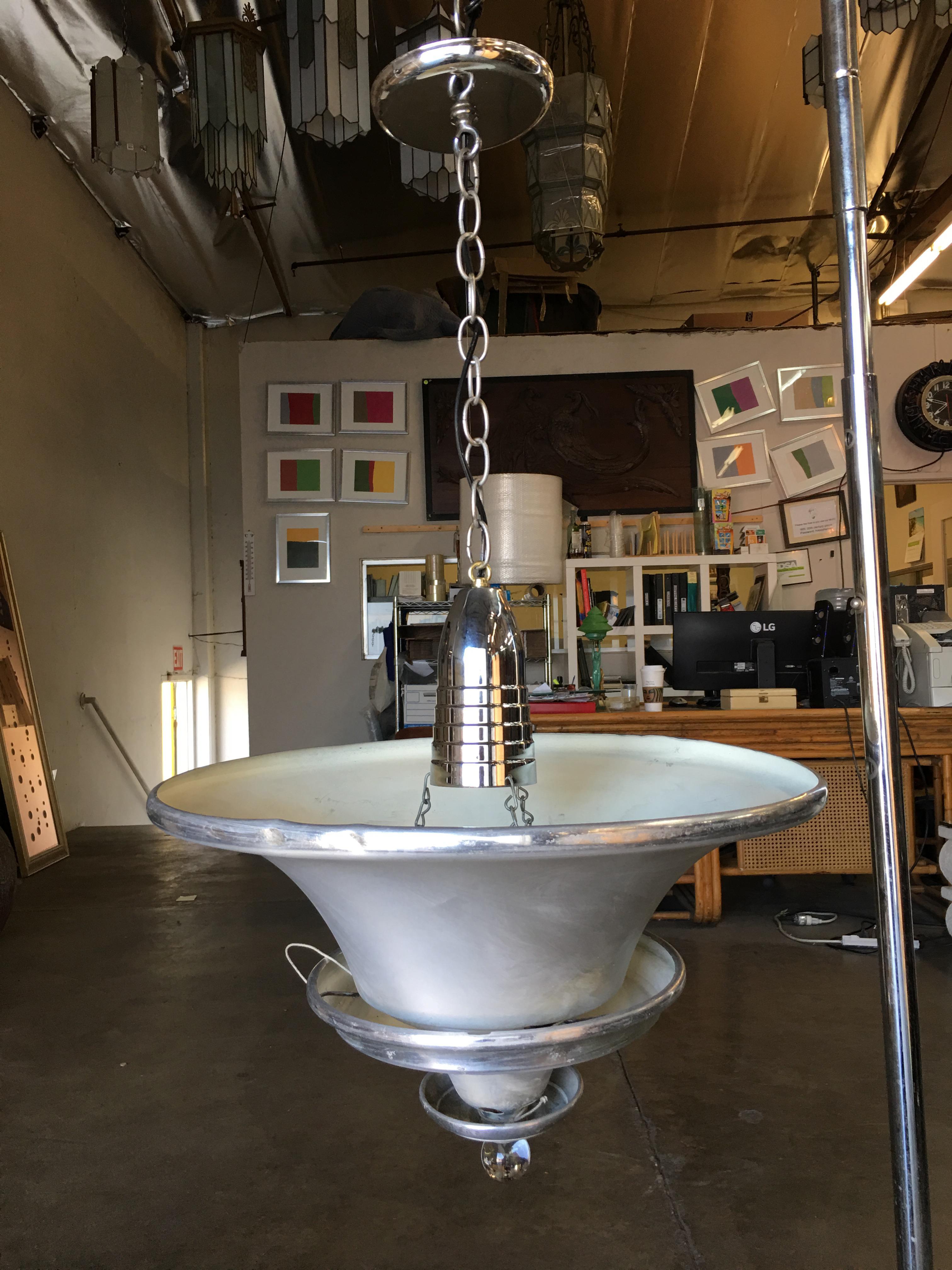 Spun Aluminum Art Deco Ceiling Pendant Lamp by Walter Von Nelson In Excellent Condition For Sale In Van Nuys, CA