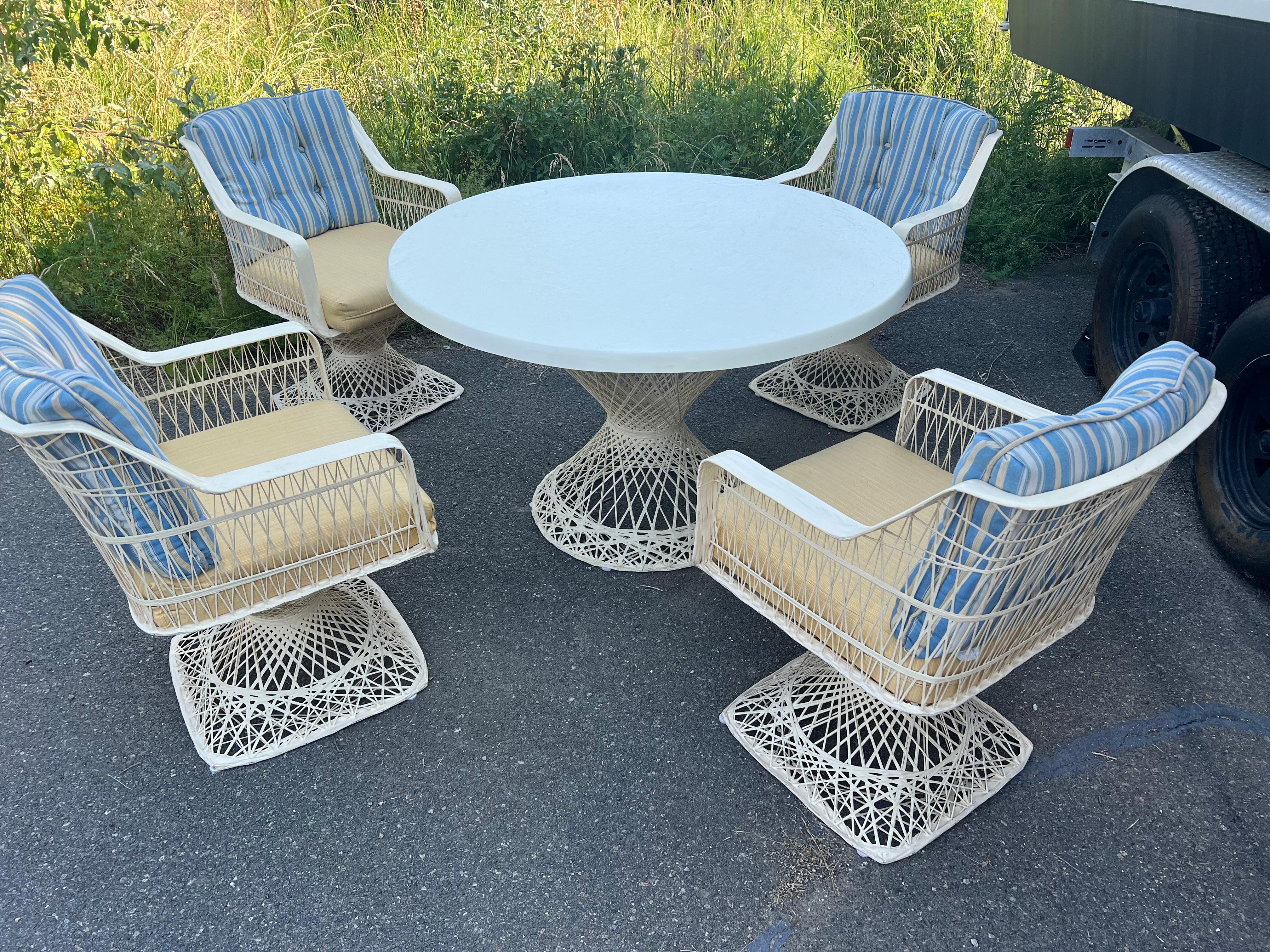 Spun Fiberglass 5 Pieces Round Dining Table 4 Chair Russel Woodard Outdoor Set MINT!
Table measures:
 48 diameter by 29H