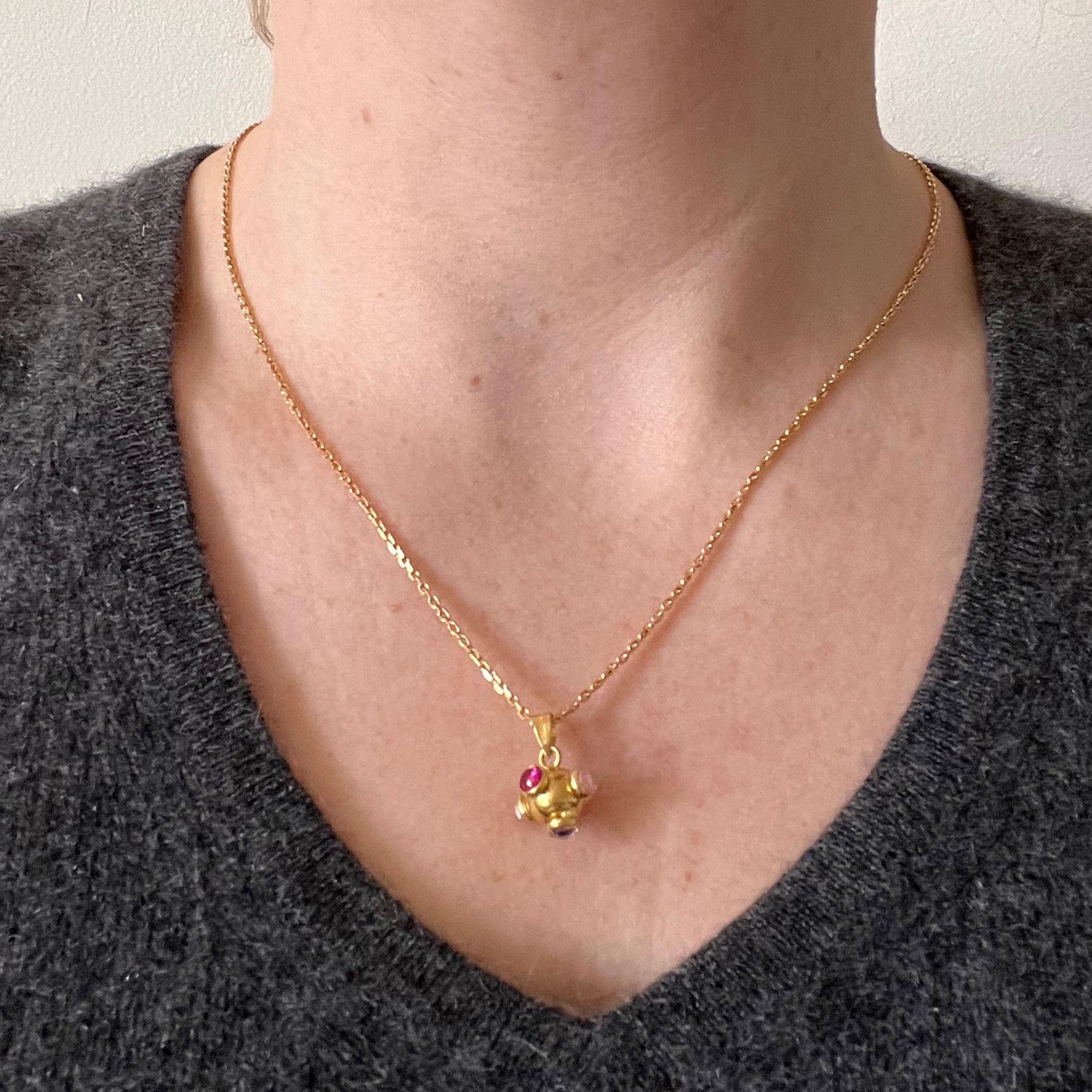 Women's or Men's Sputnik 18K Yellow Gold Ruby Tourmaline Charm Pendant