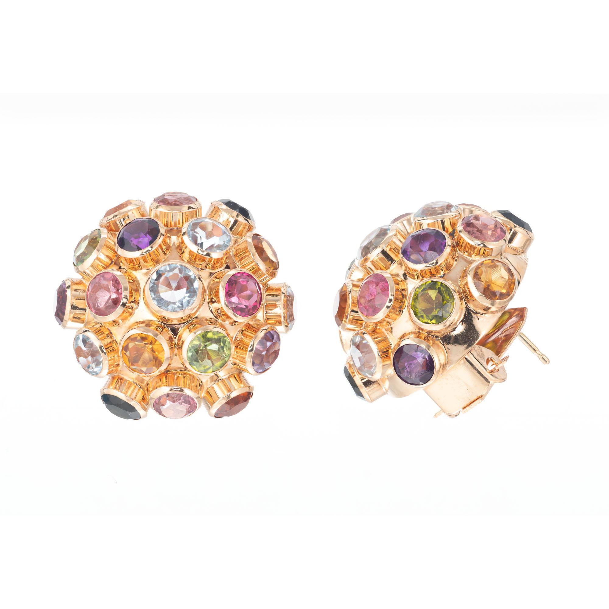 Sputnik design clip post 18k yellow gold multi-color genuine stone earrings. Including Aqua, citrine, amethyst, pink tourmaline, green tourmaline and garnet. 

38 multi-color semi-precious stones, approx. 7.60cts
18k yellow gold 
Stamped: 18k
11.3