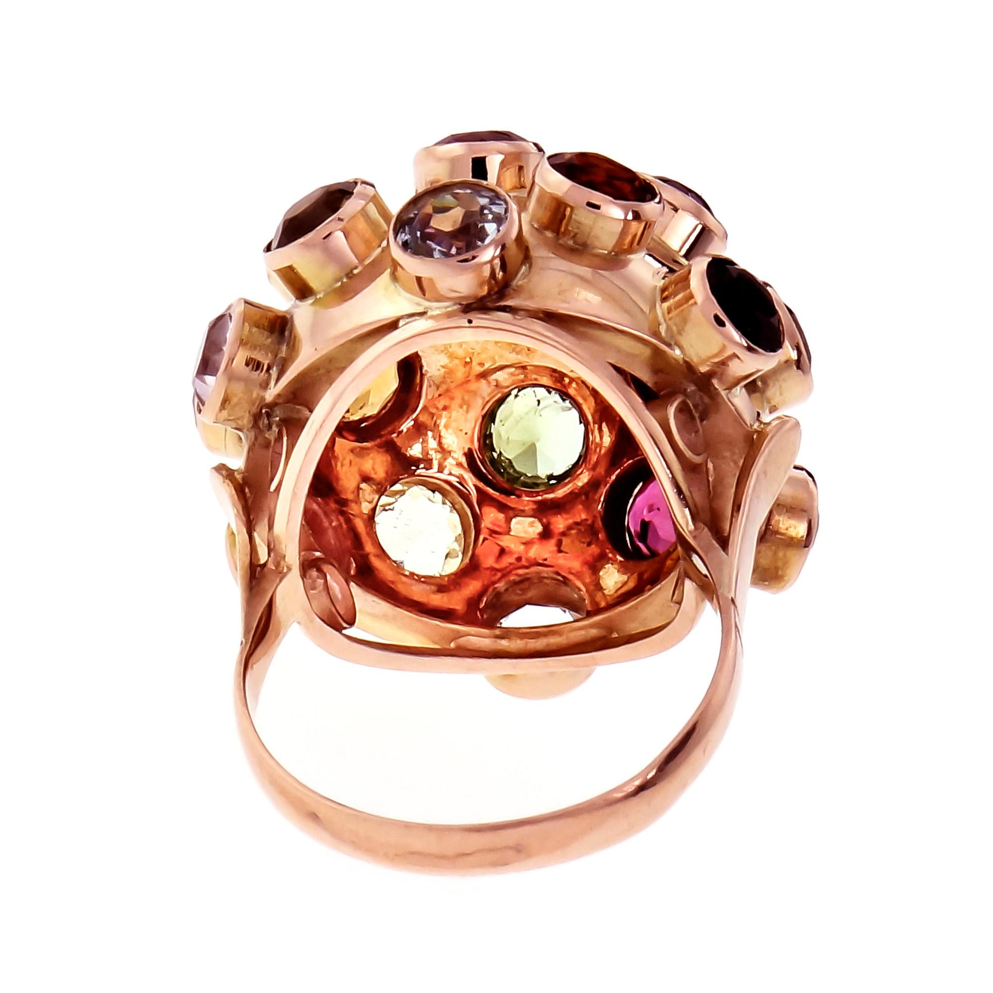 Sputnik 1960s style dome cocktail ring with multi-color natural Aqua, Blue Zircon, Amethyst, Tourmaline and Citrine gemstones all securely tube set in 18k rose gold setting. 

1 round pink Tourmaline, approx. total weight .40cts, 4.8mm 
18 round