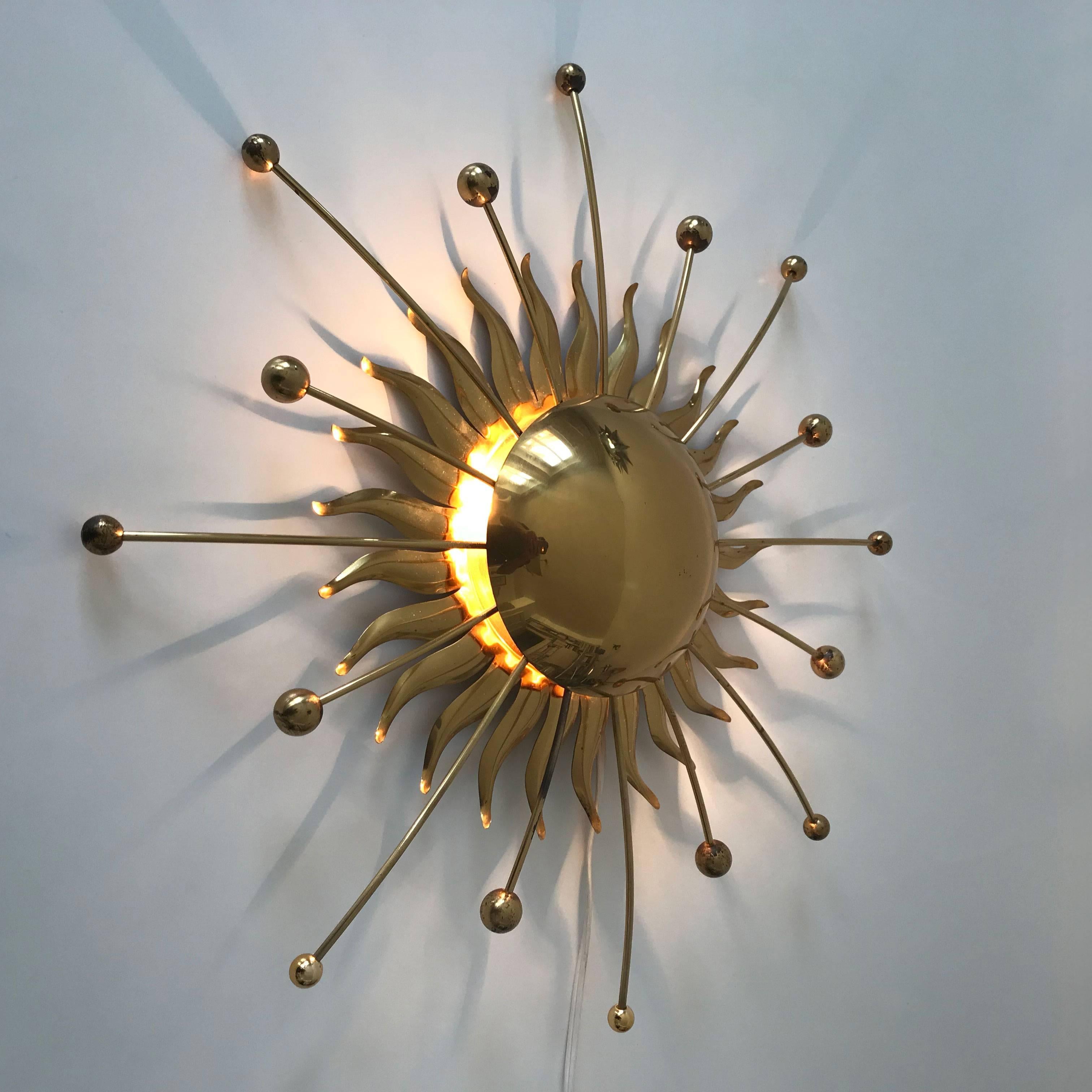Mid-Century Modern Sputnik Atomic Brass Wall Lamp or Sconce Sunburst, 1960s, Germany