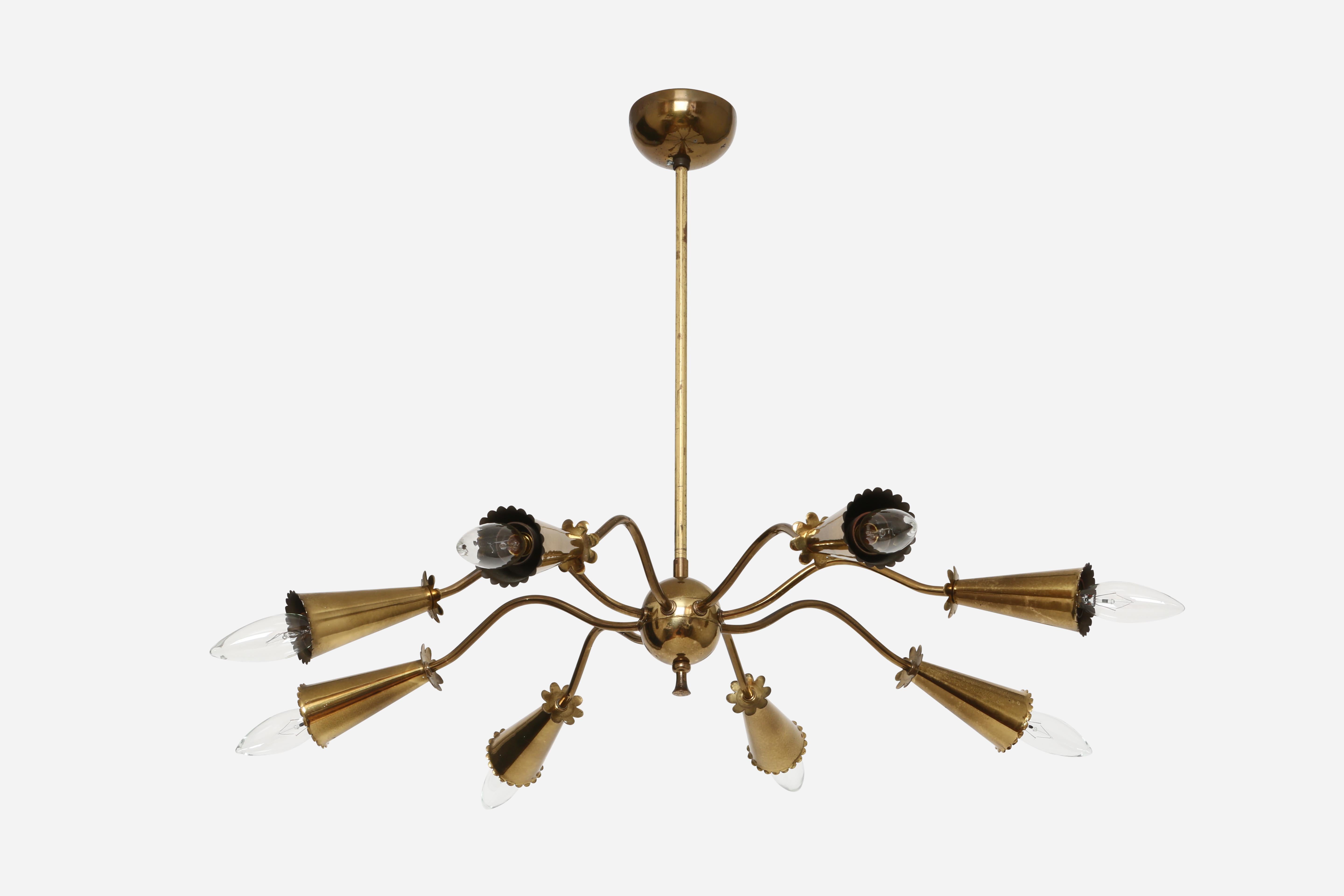 Sputnik brass chandelier.
Made in Italy in 1960s.
Eight arms.