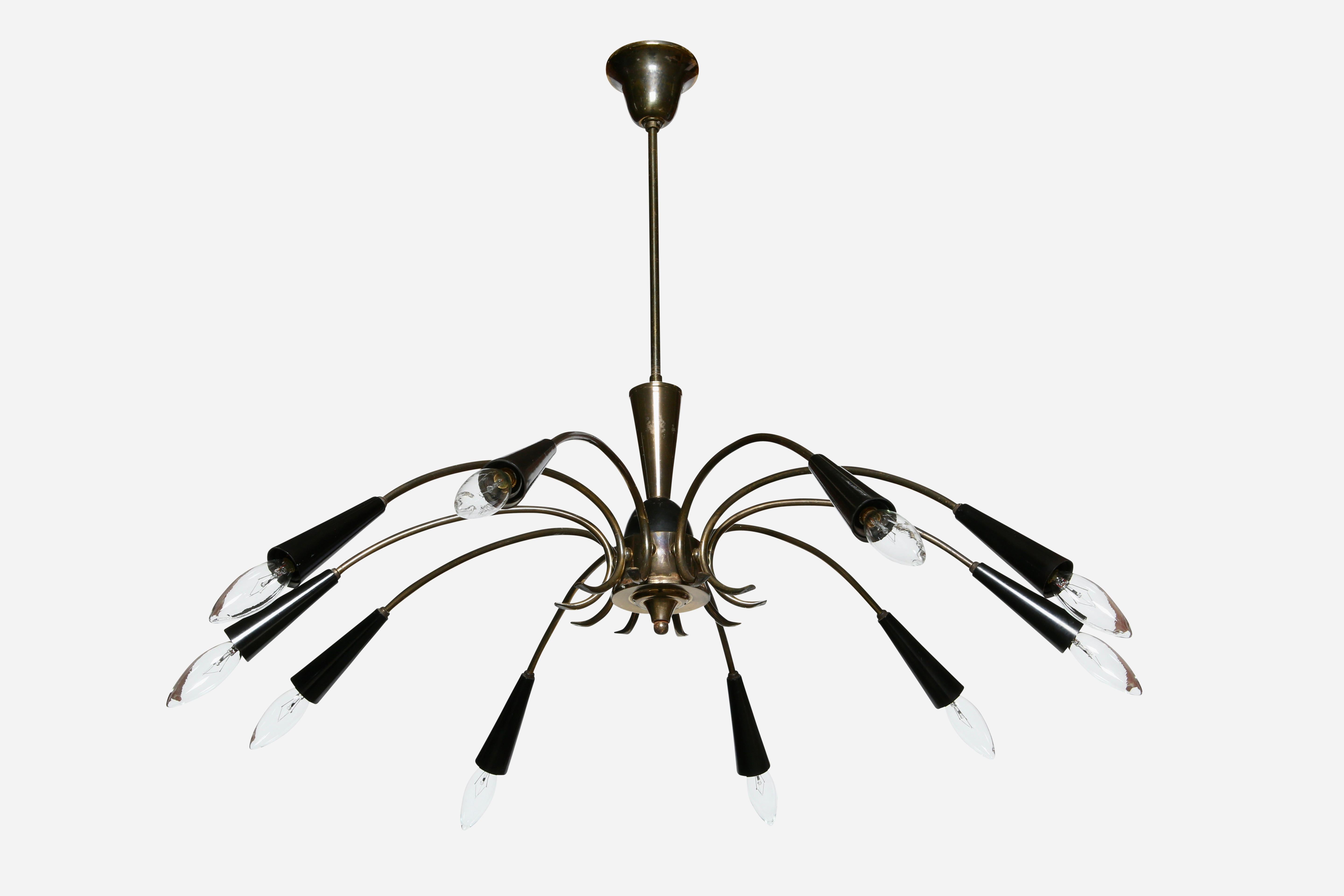 Sputnik brass chandelier.
Germany, 1960s
Patinated brass, enameled metal.
10 arms with candelabra sockets.

We take pride in bringing vintage fixtures to their full glory again.
At Illustris Lighting our main focus is to deliver lighting fixtures to