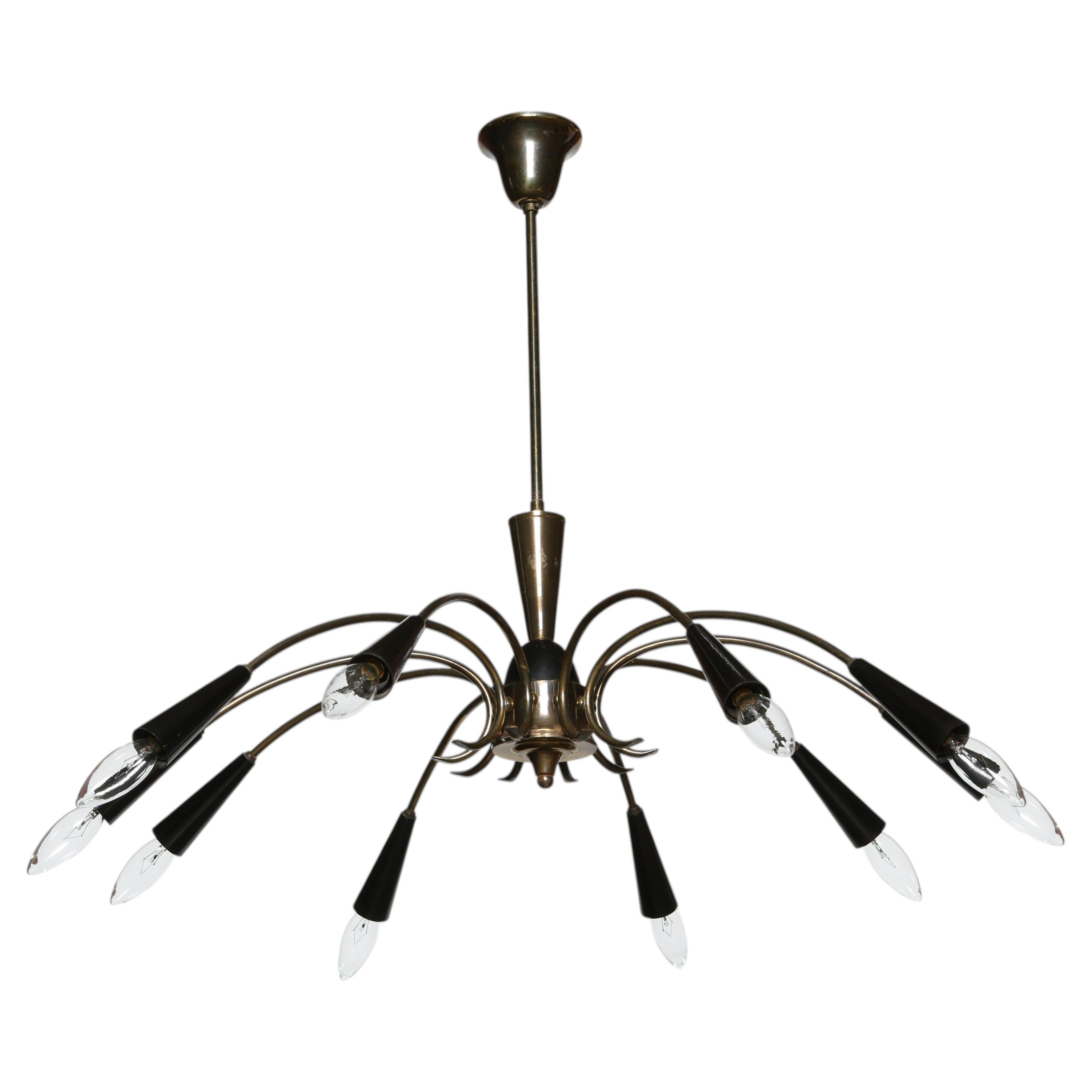 Lustre Sputnik en laiton, style Stilnovo, Italie, années 1960, 10 branches
